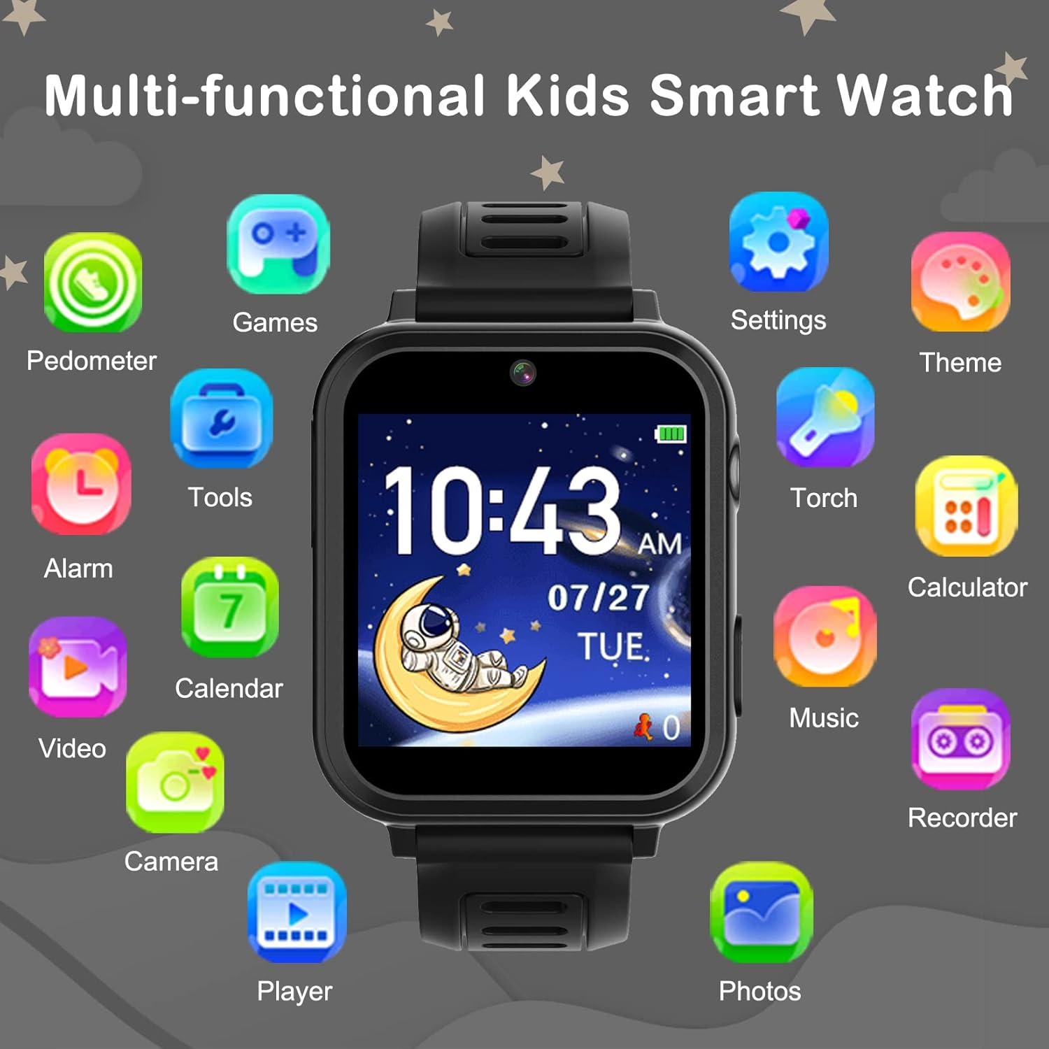 Ein schwarzes Kinder-Smartwatch-Display mit vielen App-Symbolen drumherum.