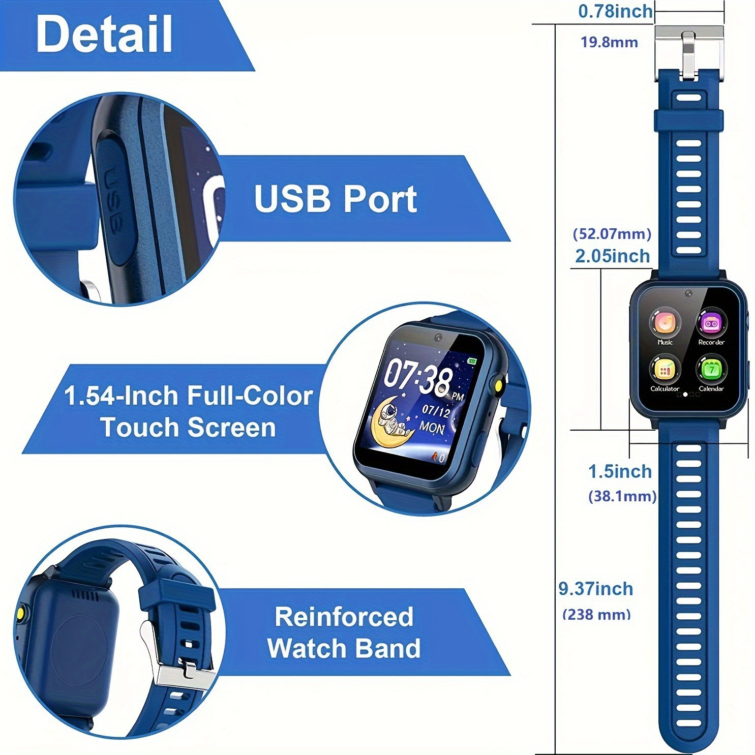 Blaues Smartwatch-Detail: USB-Anschluss, 1,54-Zoll-Touchscreen, verstärktes Armband mit Maßen.