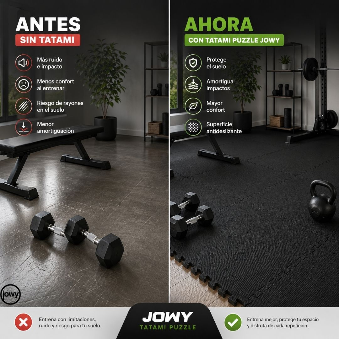 Comparación de suelo de gimnasio antes y después de Tatami Puzzle Jowy. Izquierda: suelo duro, mancuernas. Derecha: esteras negras.