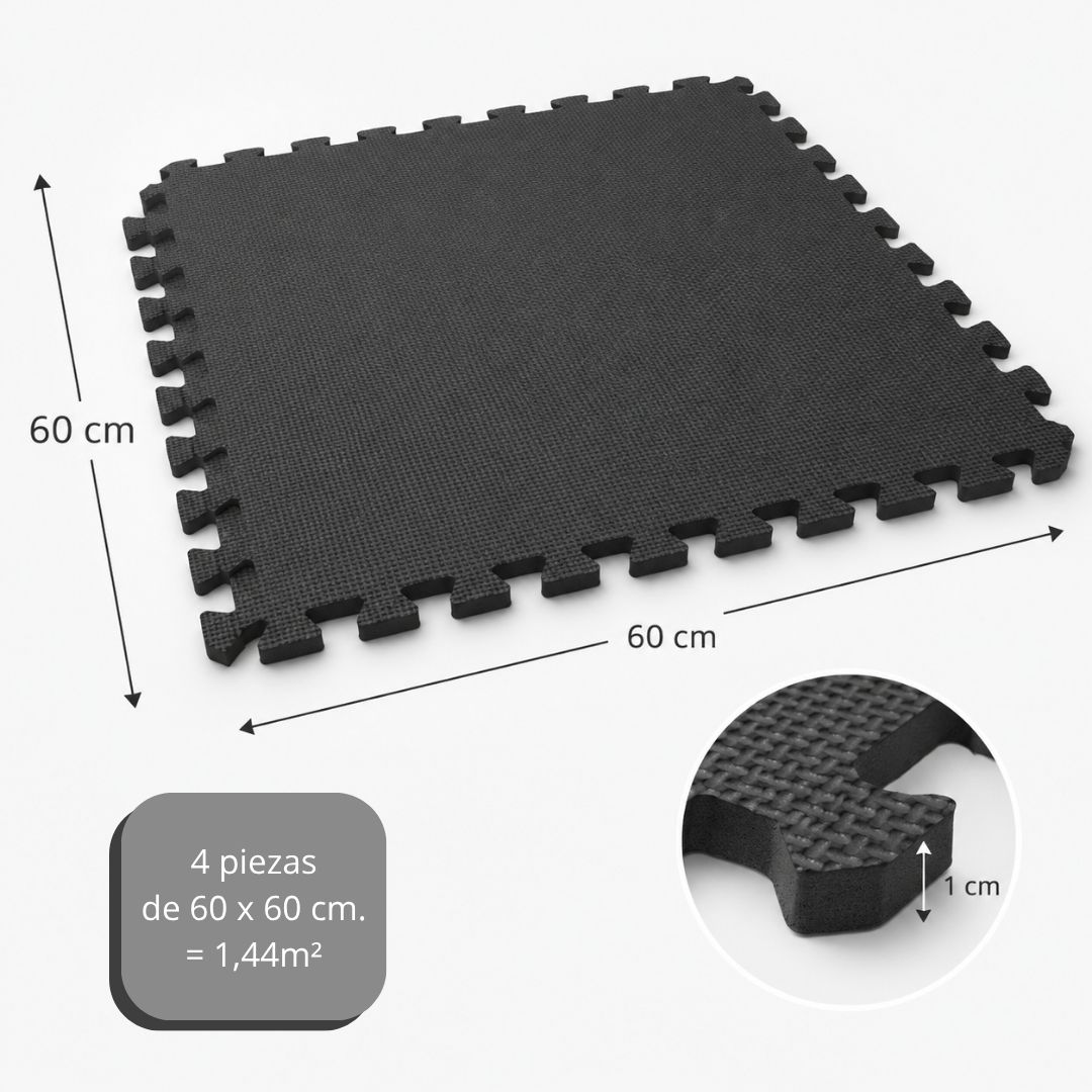 Alfombra de rompecabezas negra, 60x60cm, 1cm de grosor, 4 piezas.