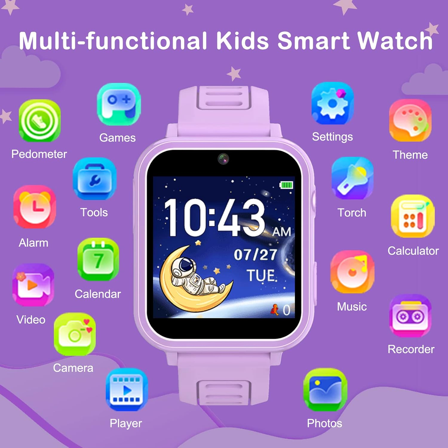 Eine lila Kinder-Smartwatch mit Symbolen für Pedometer, Spiele, Einstellungen, Design, Alarm, Werkzeuge, Taschenlampe, Rechner, Video, Kalender, Musik, Rekorder, Kamera, Player, Fotos.