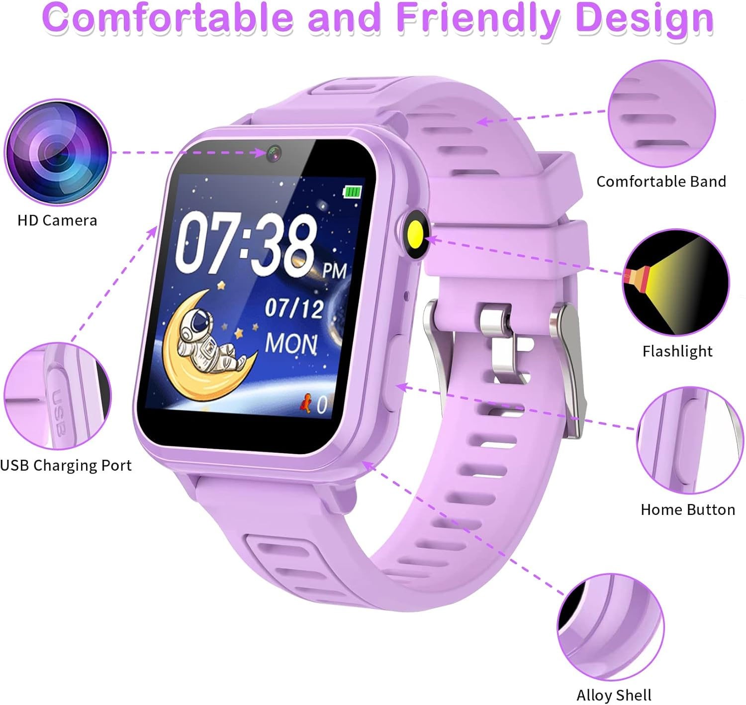 Ein lila Smartwatch-Detailbild mit Kamera, USB-Anschluss, Band und Taschenlampe.