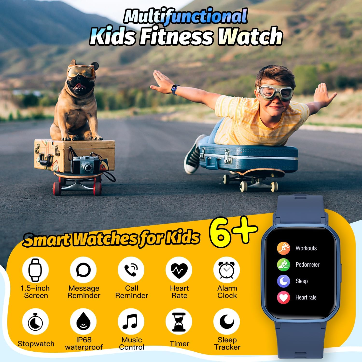 Ein Junge und ein Hund auf Skateboards mit Koffern, Werbung für eine Kinder-Fitnessuhr.
