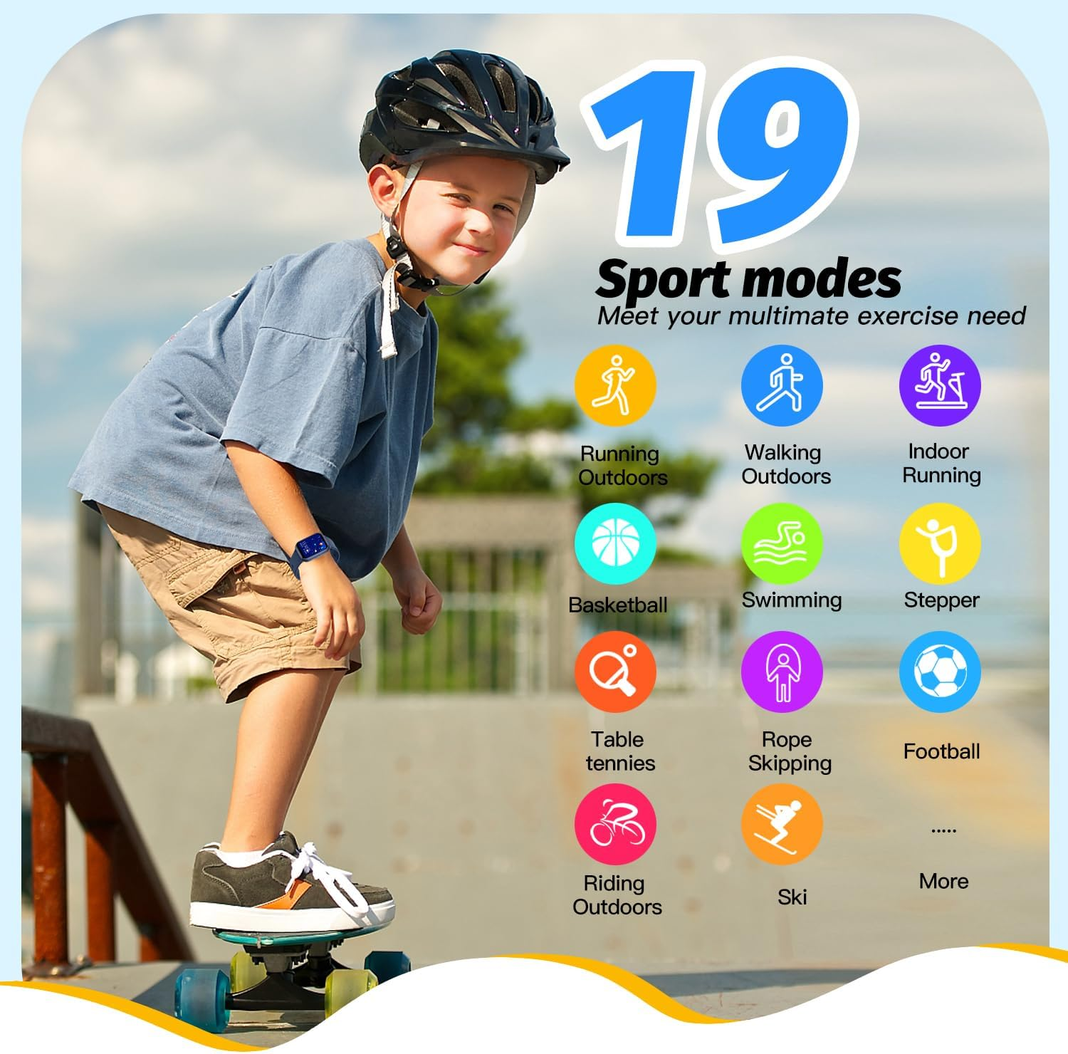 Junge auf Skateboard mit Helm, zeigt 19 Sportmodi mit Icons.