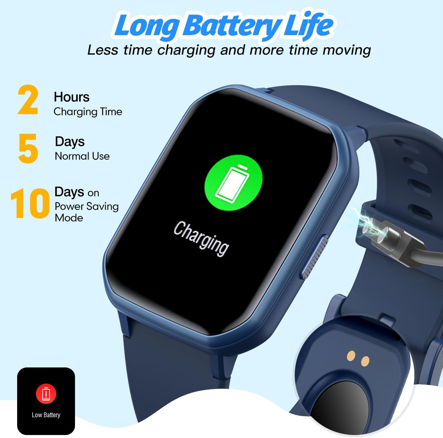 Eine blaue Smartwatch wird aufgeladen. Sie zeigt 2 Std. Ladezeit, 5 Tage Normalnutzung, 10 Tage Energiesparmodus.