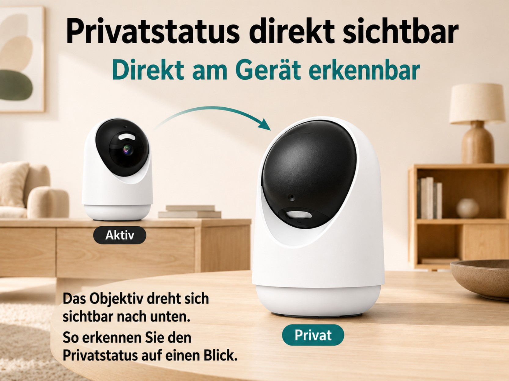 Zwei weiße Kameras auf einem Holztisch zeigen den Privatstatus an.