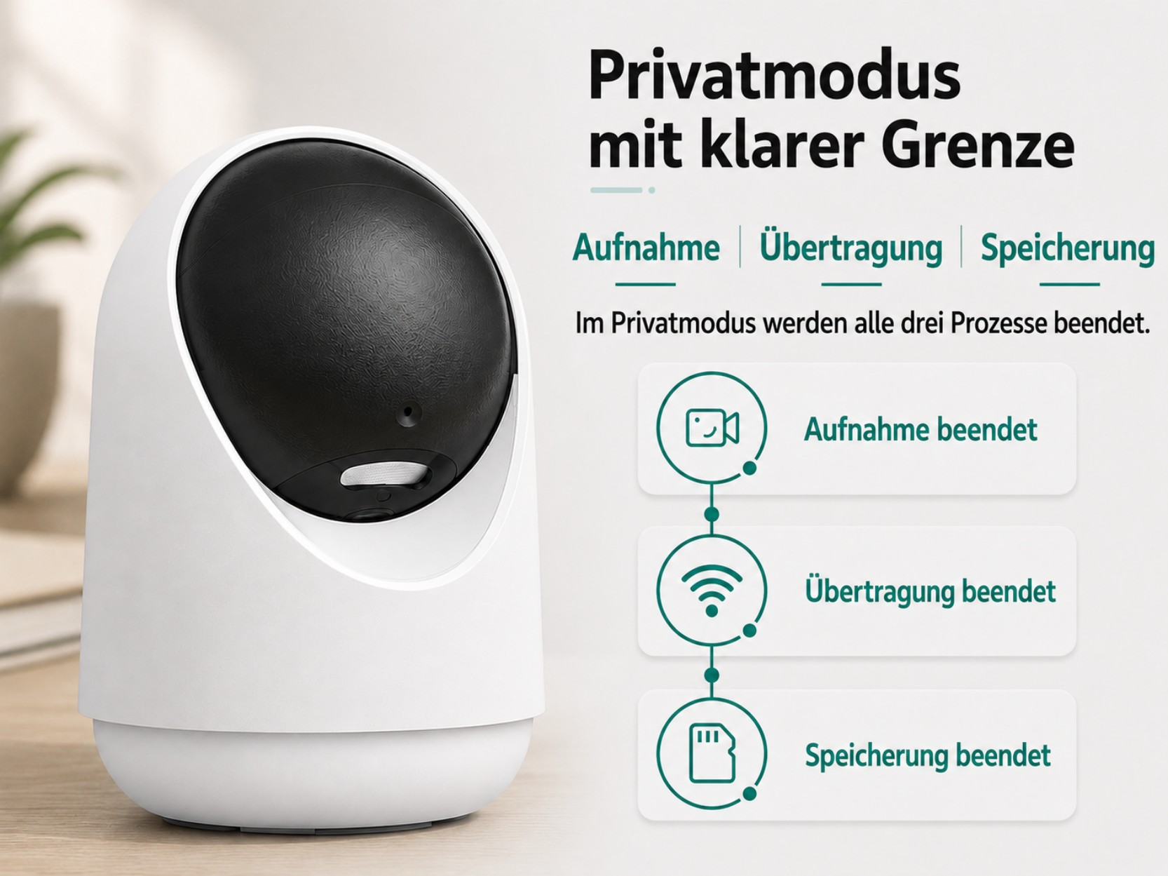 Weiße Überwachungskamera mit schwarzer Kugel und Text über Privatmodus.