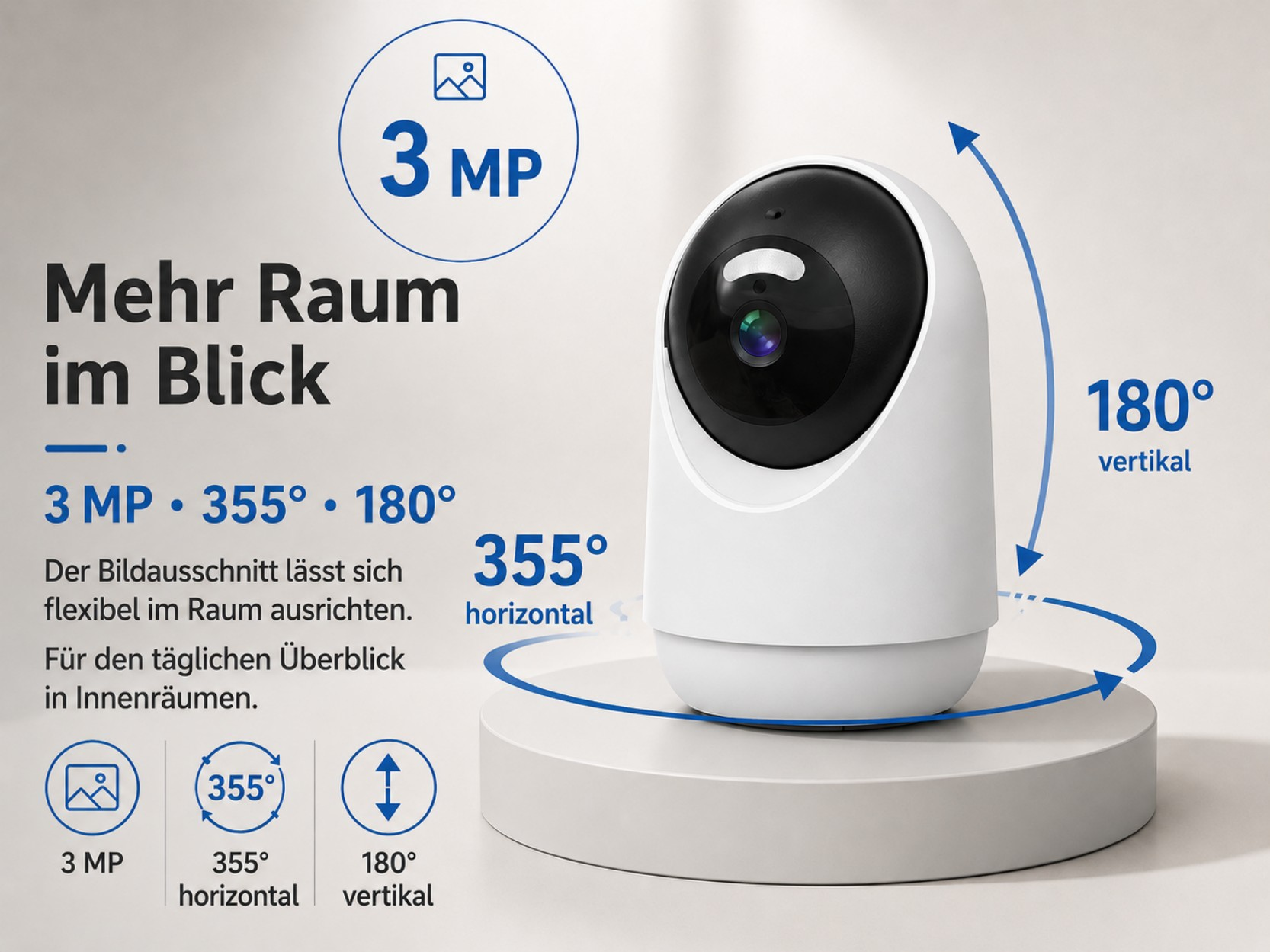 Weiße Überwachungskamera mit 3MP, 355° horizontaler und 180° vertikaler Drehung.