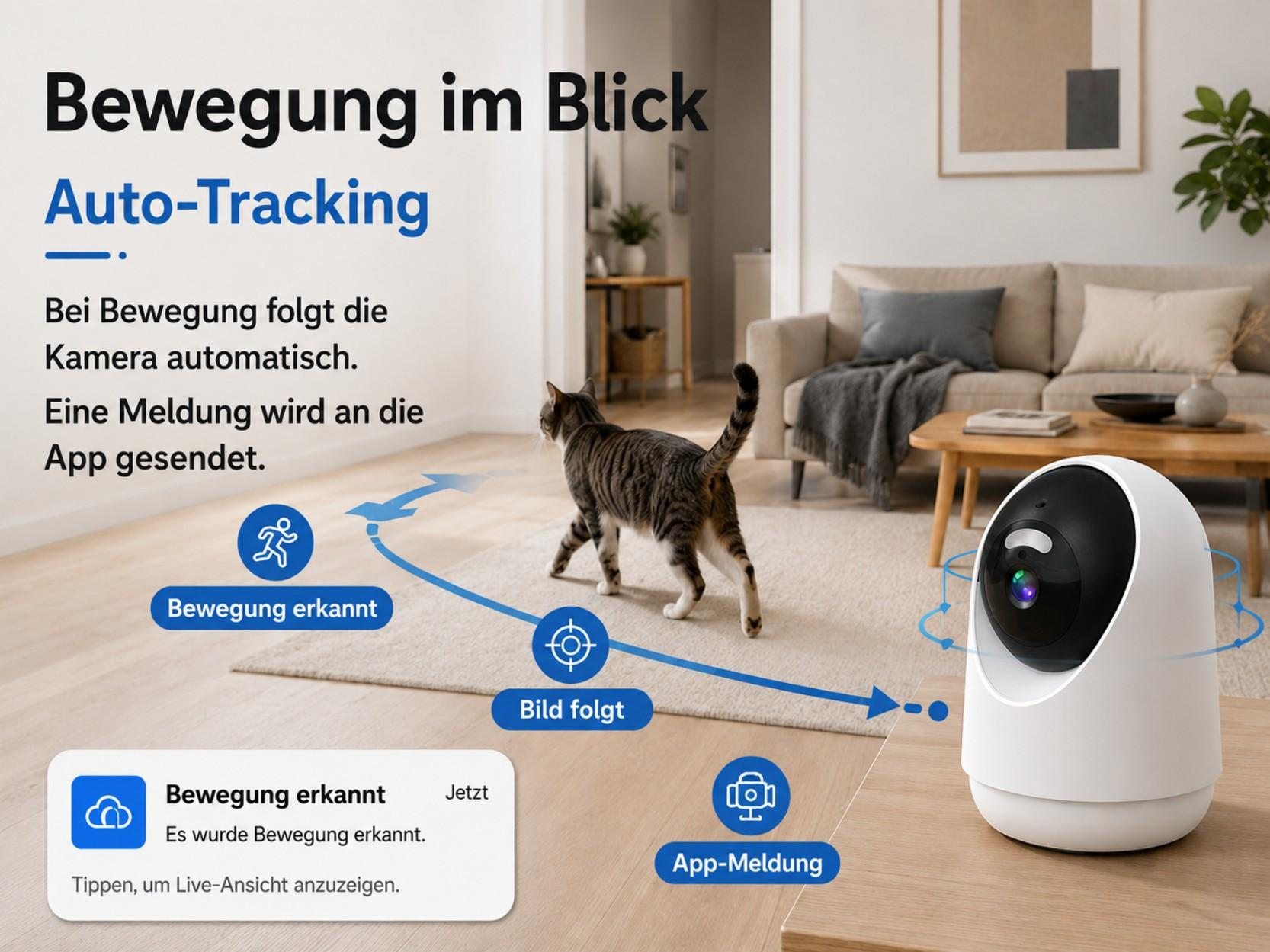 Eine Katze läuft in einem Wohnzimmer, verfolgt von einer weißen Auto-Tracking-Kamera.