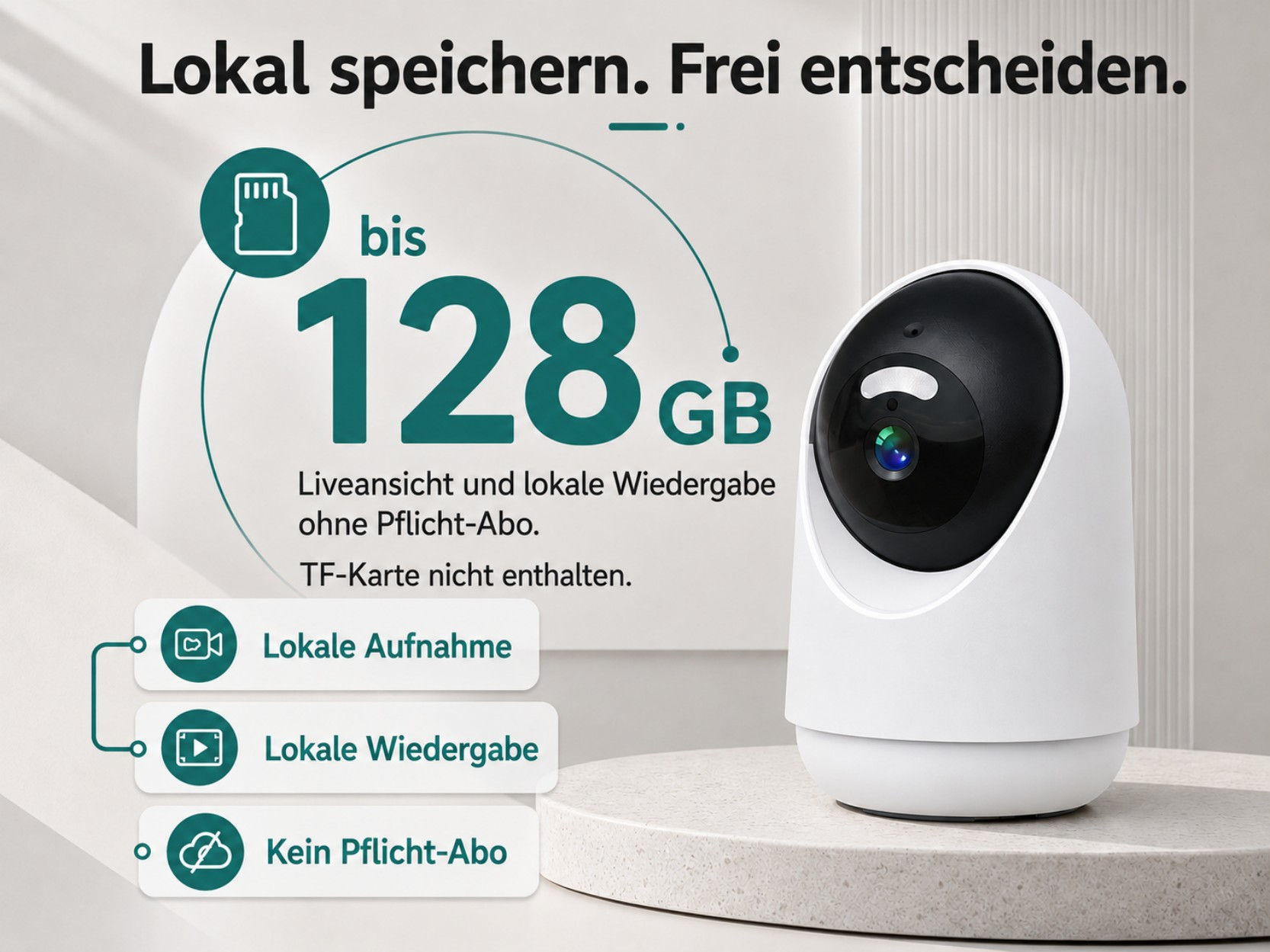 Weiße Überwachungskamera unterstützt 128 GB lokale Speicherung ohne Abo.