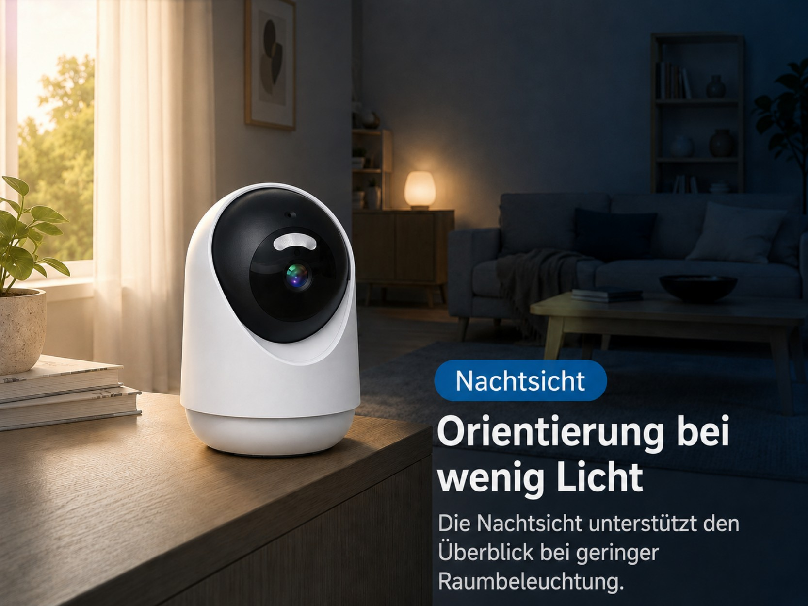 Eine weiße Überwachungskamera steht auf einer Holzoberfläche, im Hintergrund ein Wohnzimmer.
