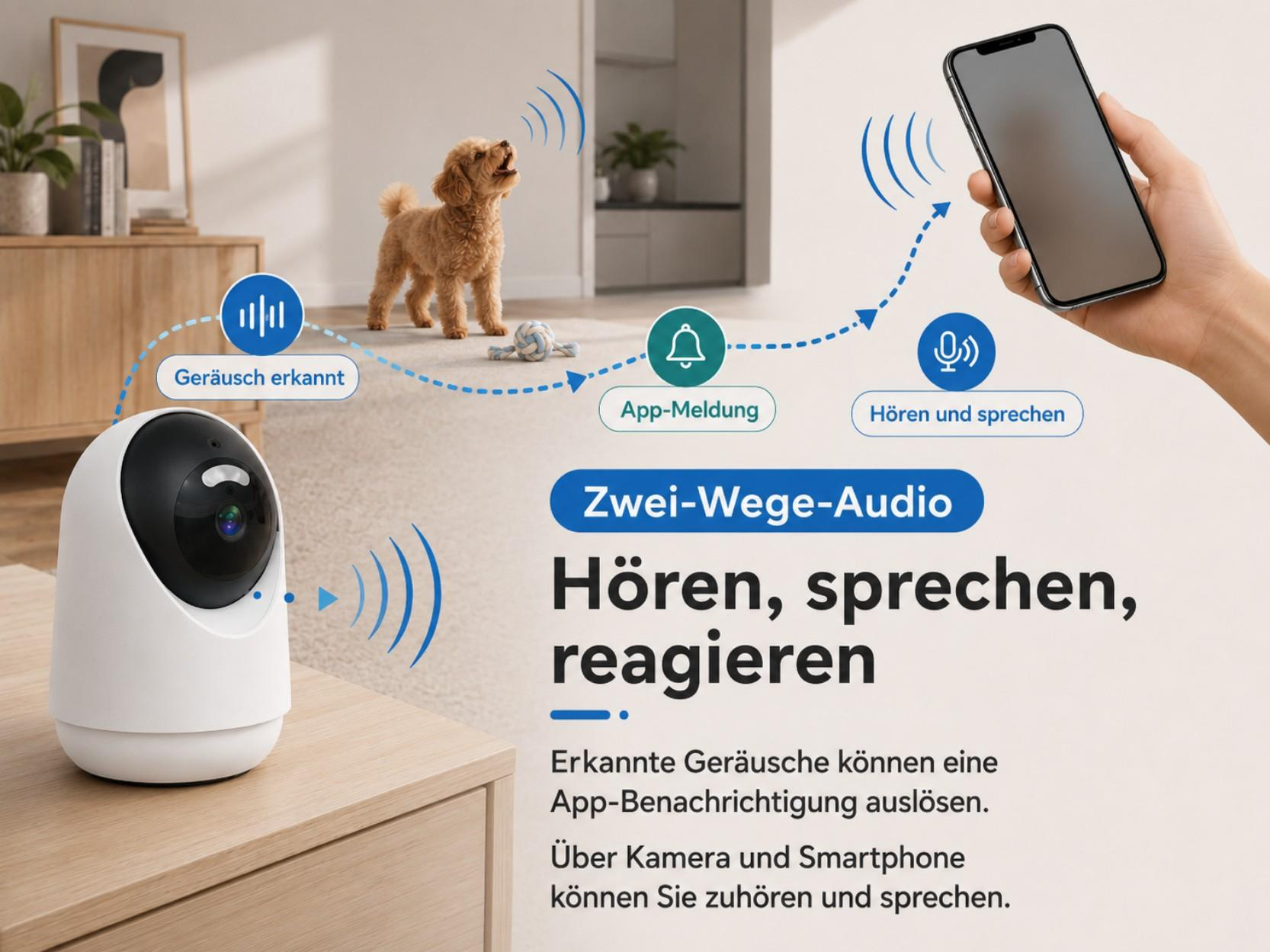 Ein Hund bellt, eine Kamera erkennt Geräusche und sendet eine App-Meldung.