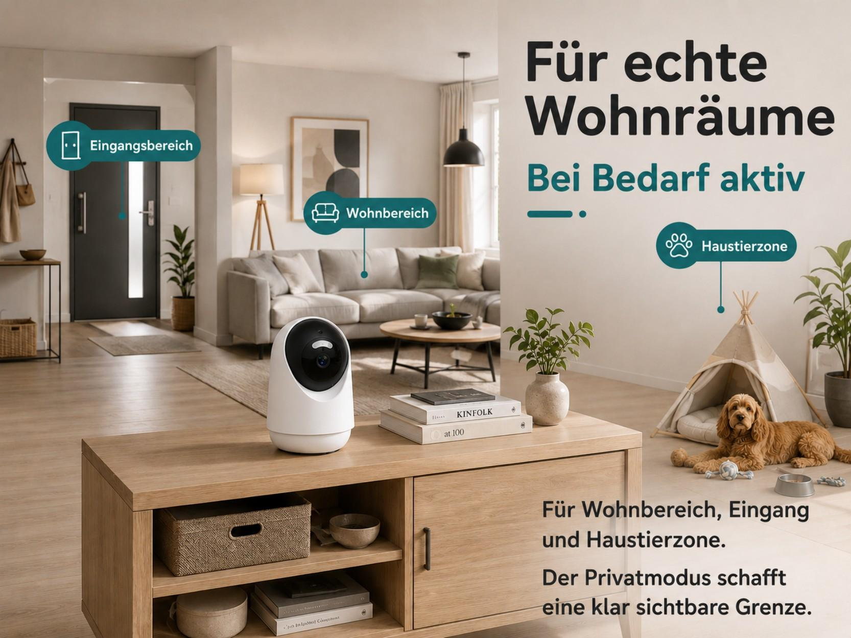 Ein weißer Kamera-Roboter steht auf einem Holzmöbel in einem Wohnzimmer.