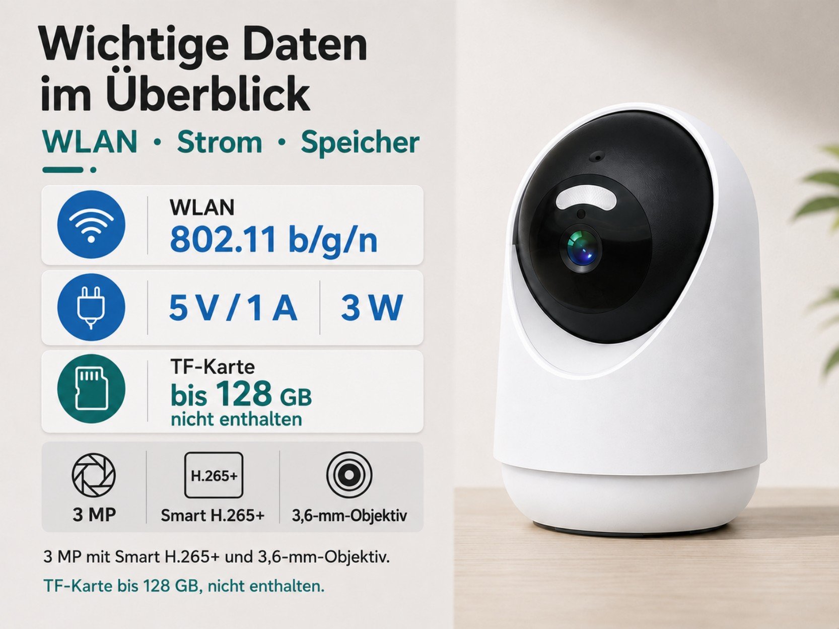 Weiße Überwachungskamera mit wichtigen Daten wie WLAN, Strom und Speicher.