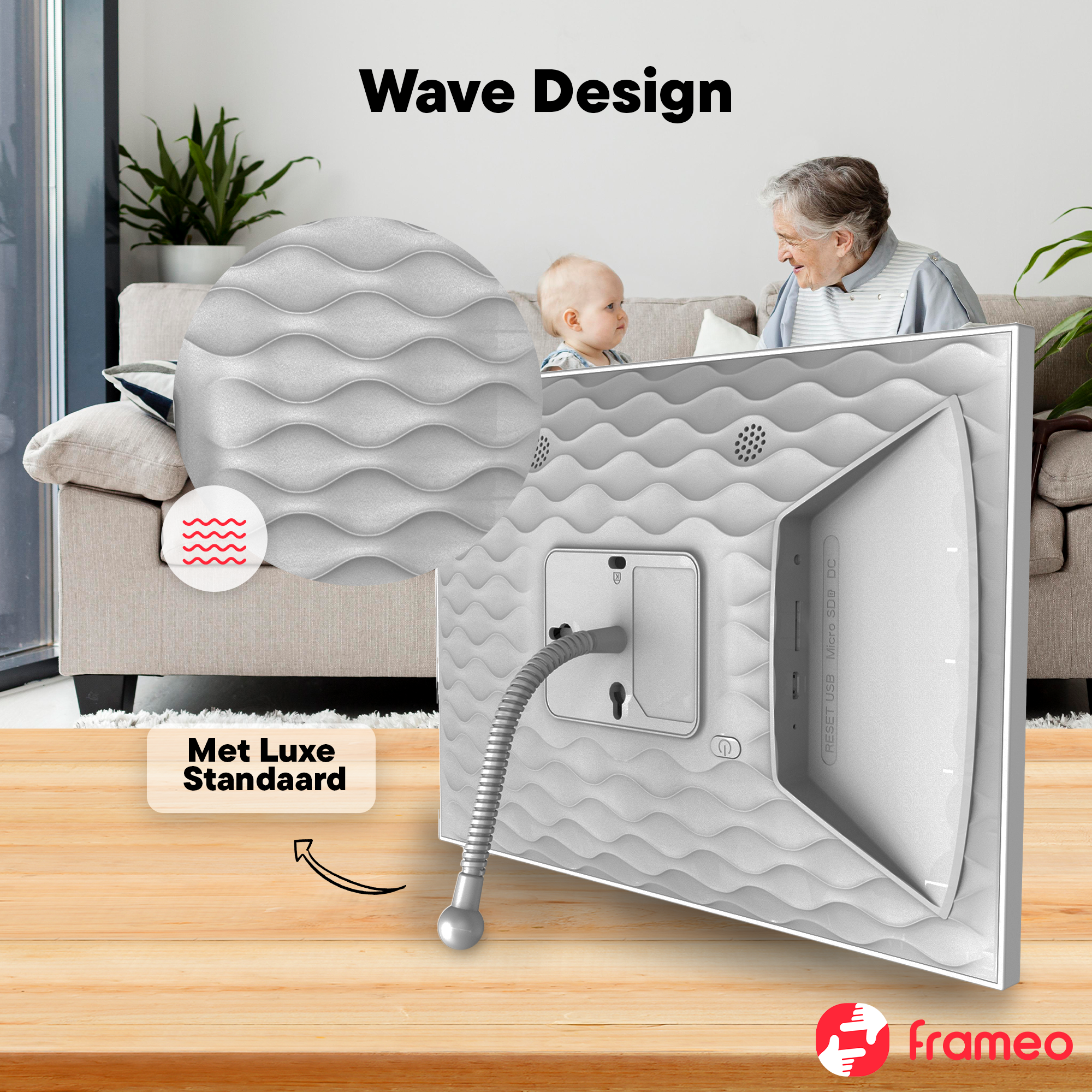 Digital frame with wave design, shown with a baby and grandmother on a sofa.