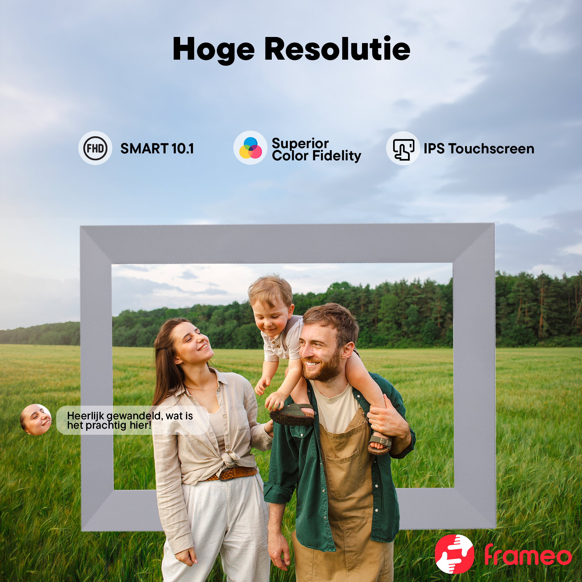 Family in a field in front of a digital frame. Features: High Resolution, SMART 10.1, IPS Touchscreen.