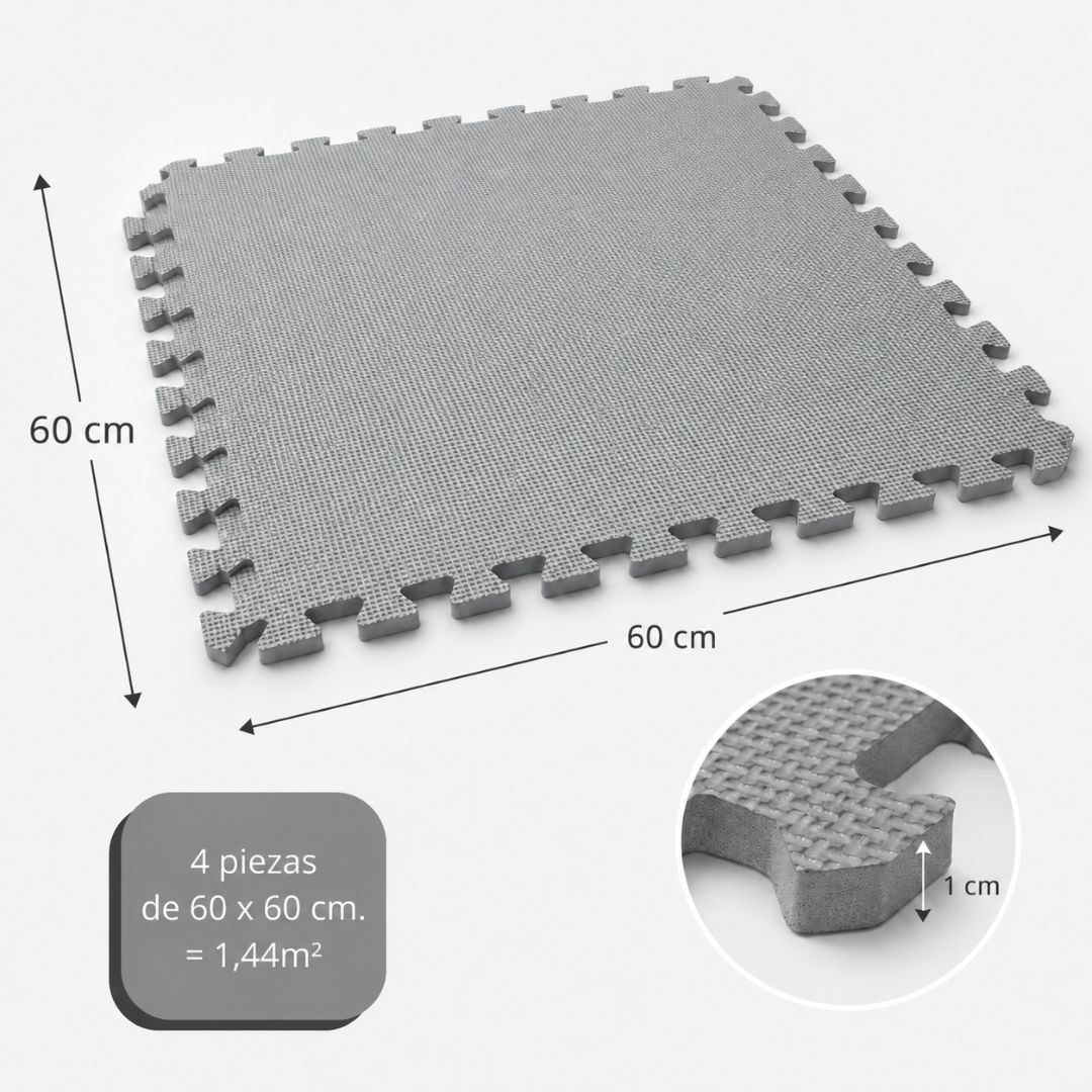 Alfombra gris de puzzle, 60x60cm, 1cm de grosor. 4 piezas cubren 1.44m².