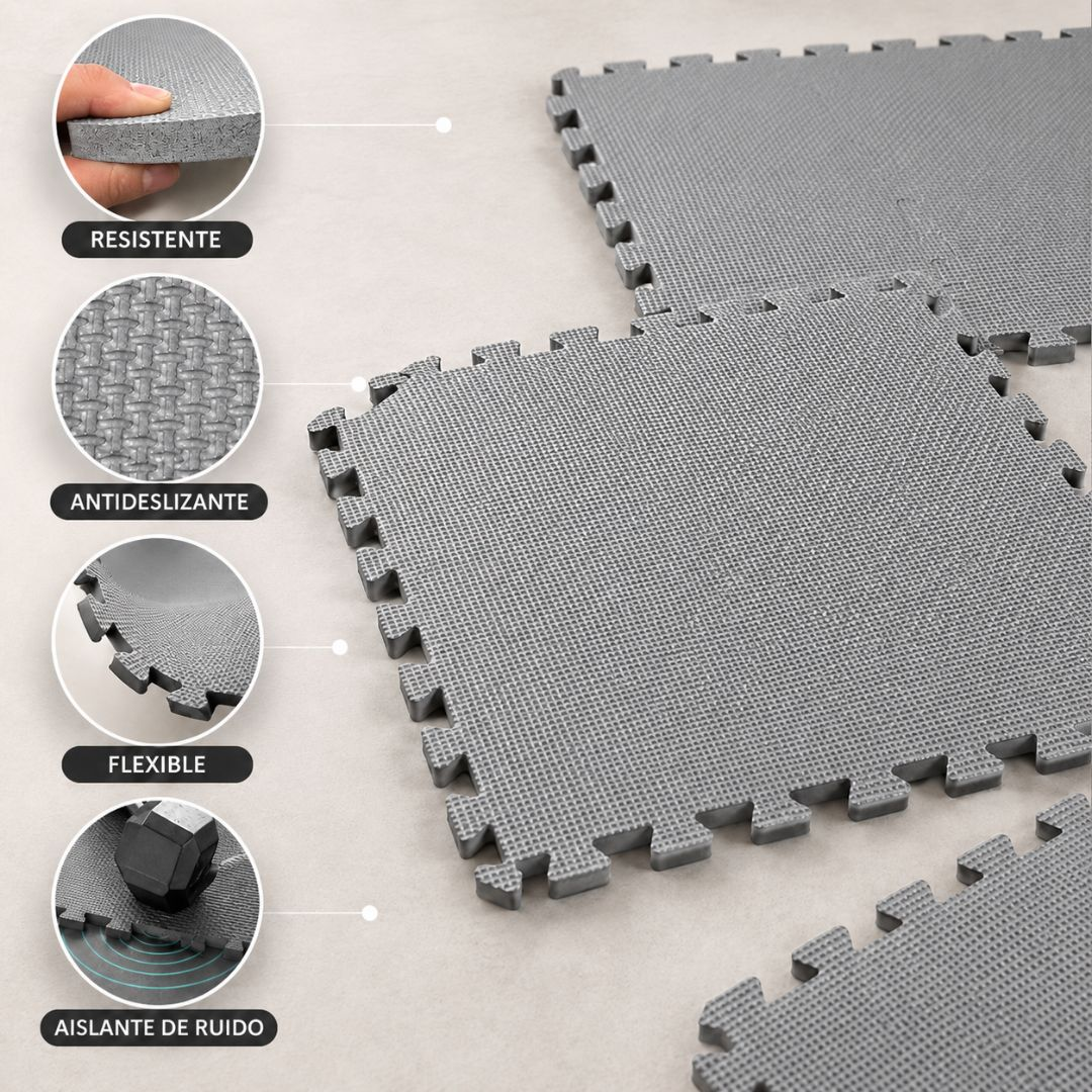 Alfombras grises entrelazadas con superficie texturizada, mostrando flexibilidad.