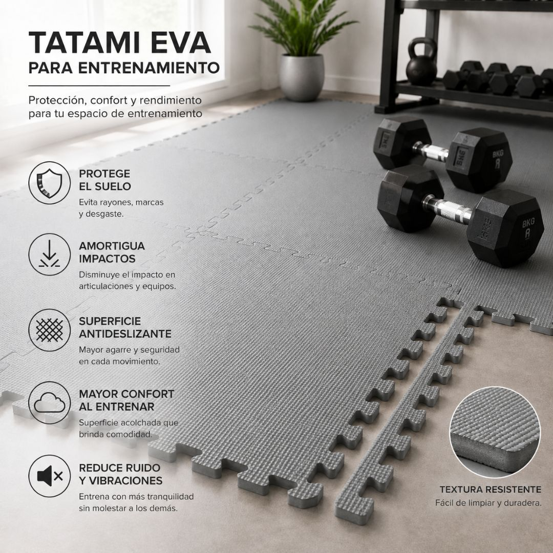 Esterillas tatami grises de EVA con mancuernas y un soporte para pesas en un gimnasio.