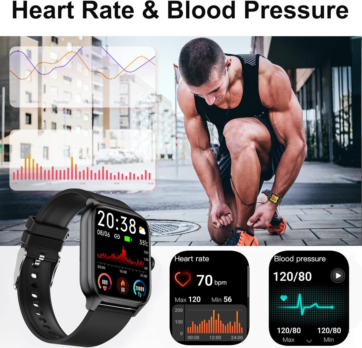 Ein Mann bindet seine Schuhe, eine Smartwatch zeigt Herzfrequenz und Blutdruck an.