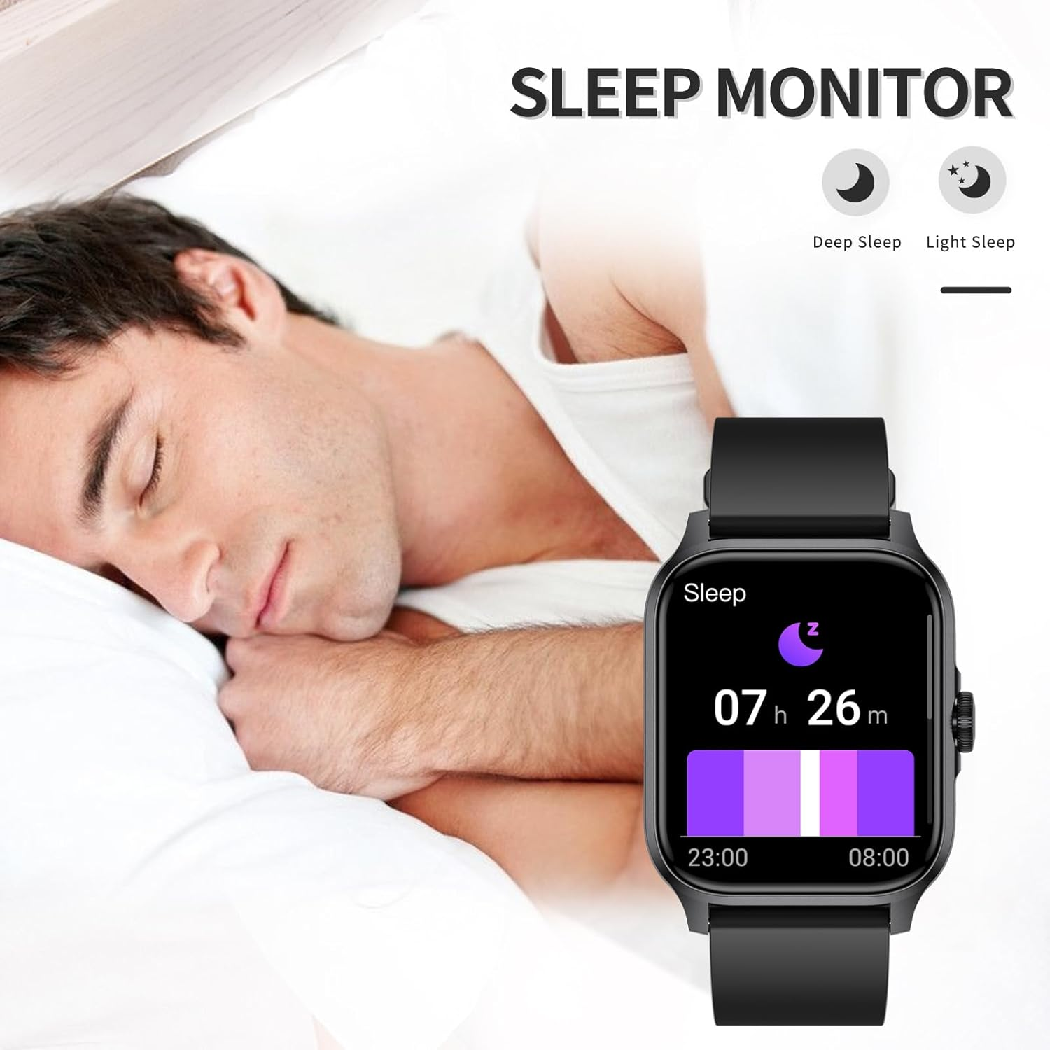 Ein Mann schläft, eine Smartwatch zeigt Schlafdaten an.