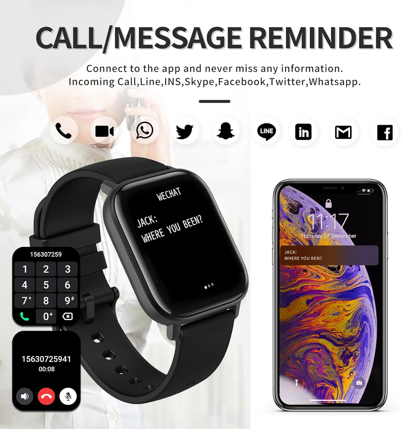 Smartwatch zeigt Anruf und Chat-Benachrichtigungen an, daneben ein Smartphone.