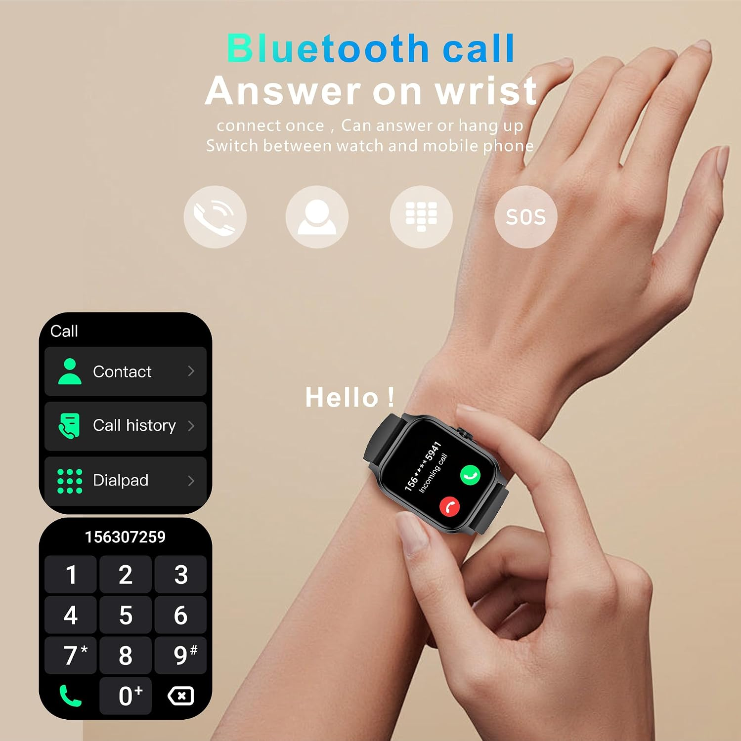 Eine Smartwatch am Handgelenk zeigt einen eingehenden Anrufbildschirm mit Akzeptieren/Ablehnen-Buttons.