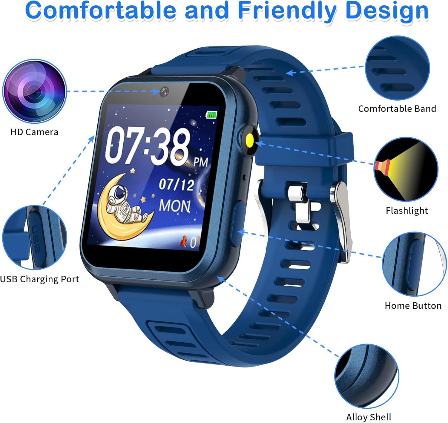 Eine blaue Smartwatch mit Vollbildanzeige, Kamera, Ladeanschluss und Armband.
