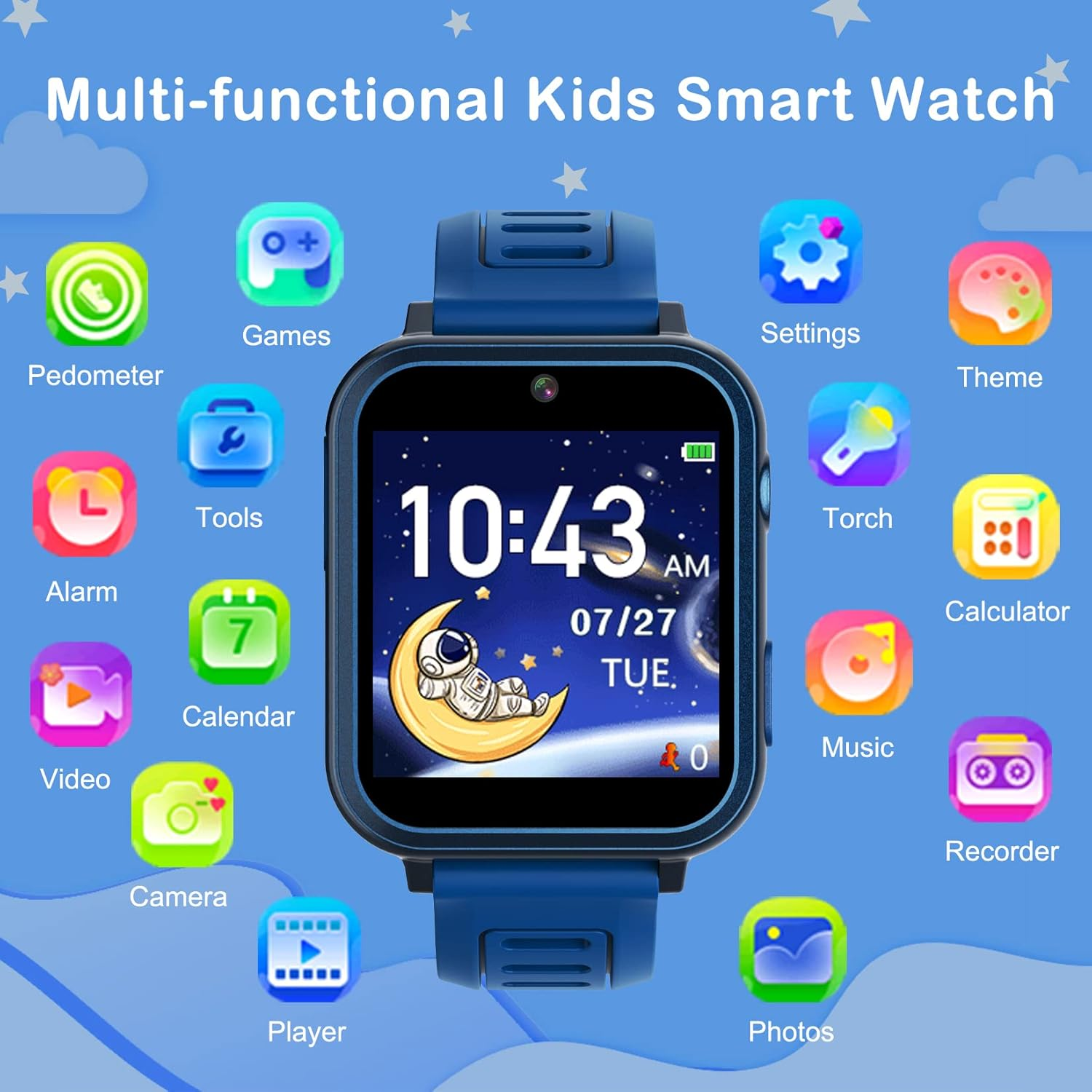 Blaue Smartwatch für Kinder mit Symbolen für Schrittzähler, Spiele, Einstellungen, Thema, Alarm, Werkzeuge, Taschenlampe, Rechner, Video, Kalender, Musik, Rekorder, Kamera, Player, Fotos.