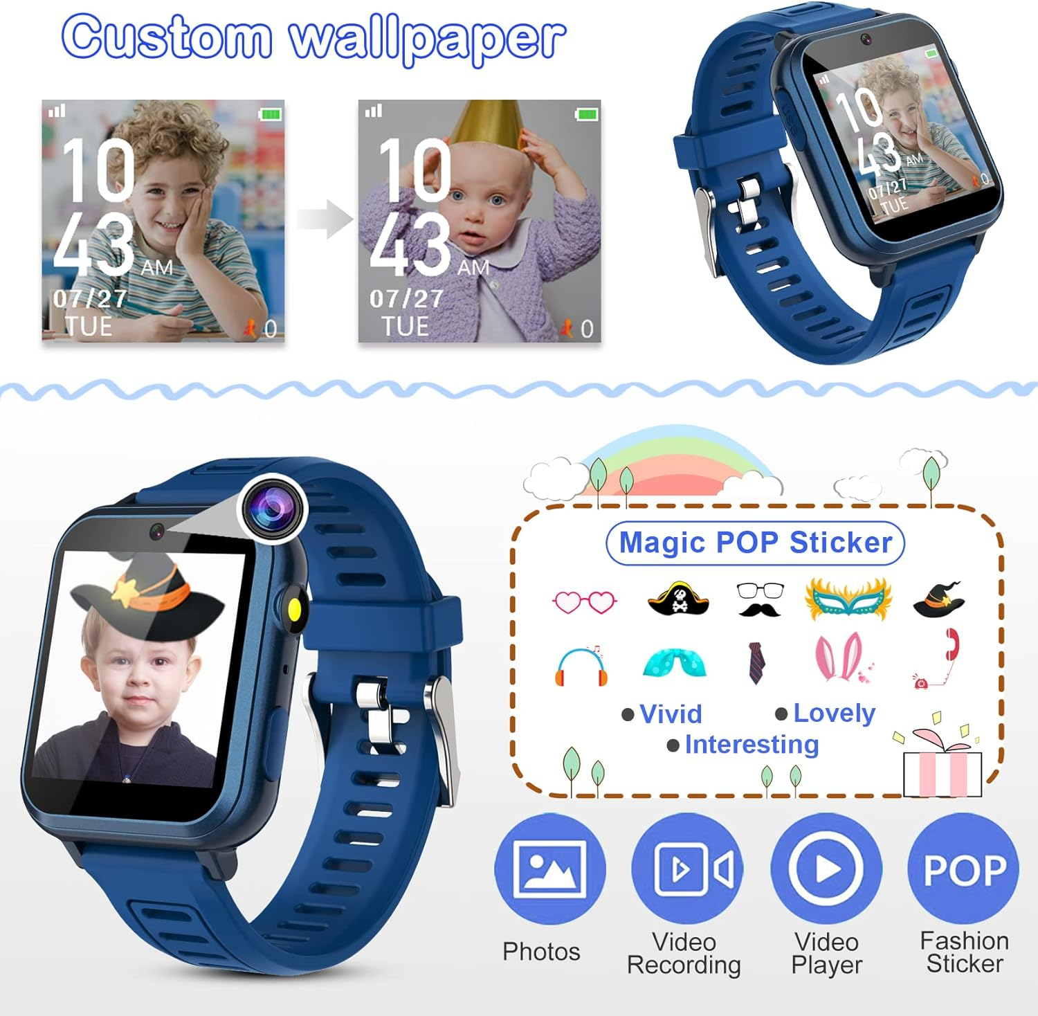 Blauer Kinder-Smartwatch mit Fotos von Kindern und Aufklebern.