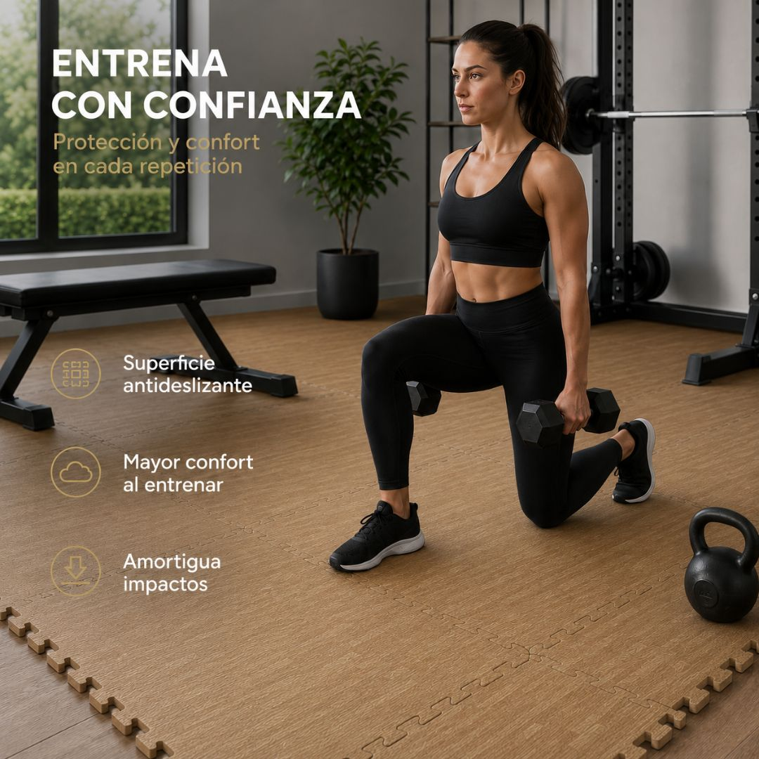 Una mujer hace una zancada con mancuernas en un suelo de gimnasio marrón.