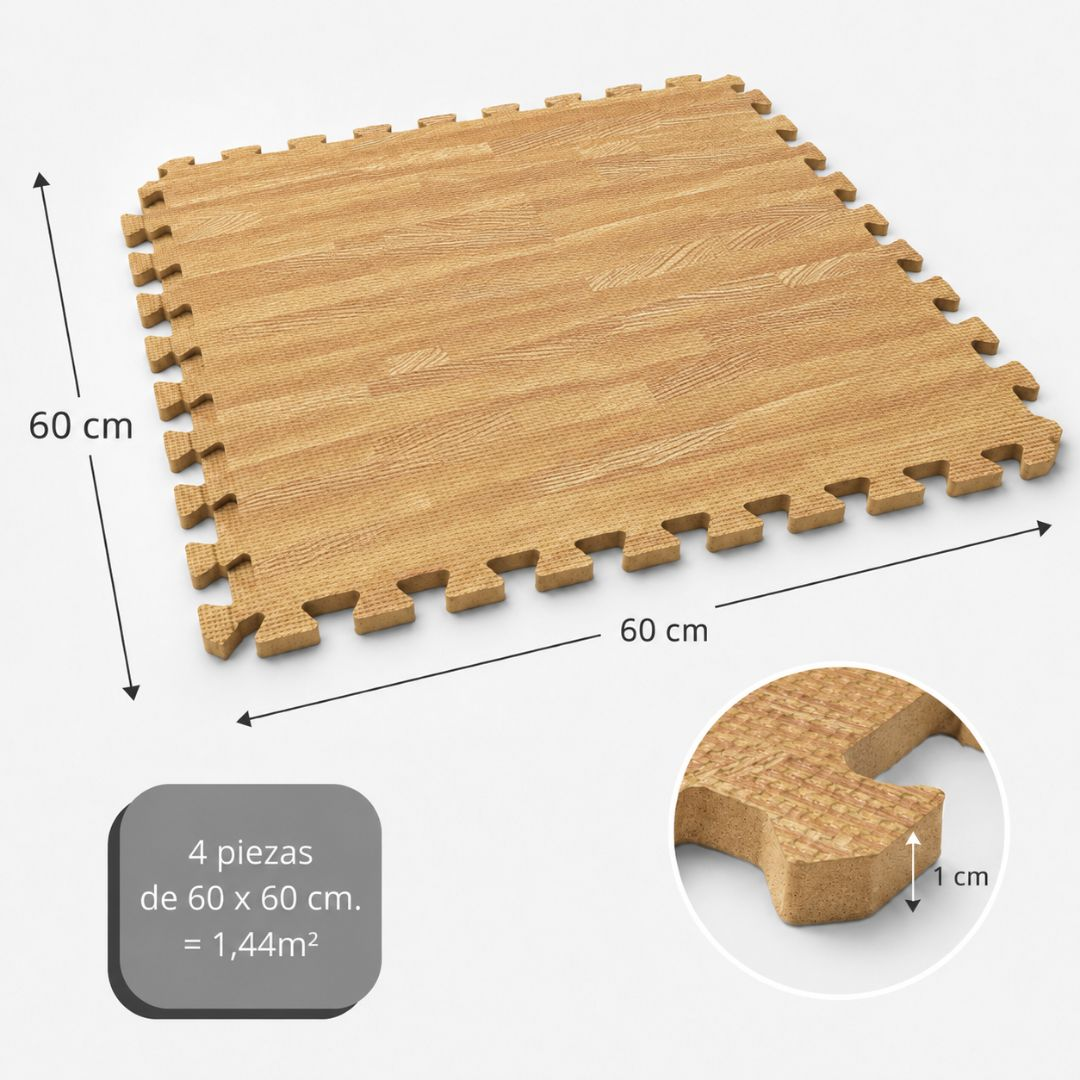 Tapete de rompecabezas, veta de madera, 60x60 cm, 1 cm grosor. 4 pzs.