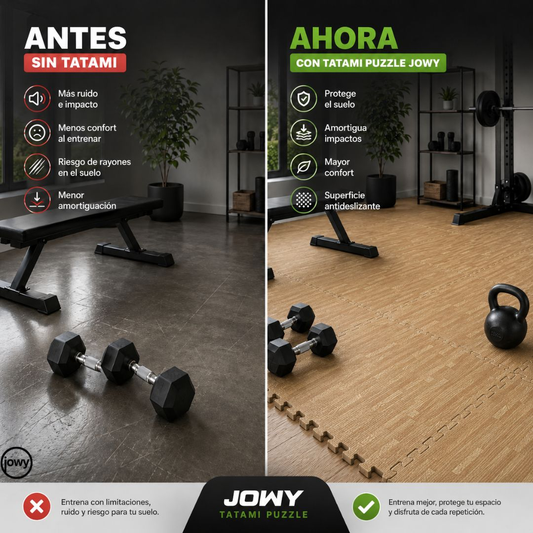 Antes: Mancuernas en hormigón. Después: Mancuernas en suelo de puzzle.