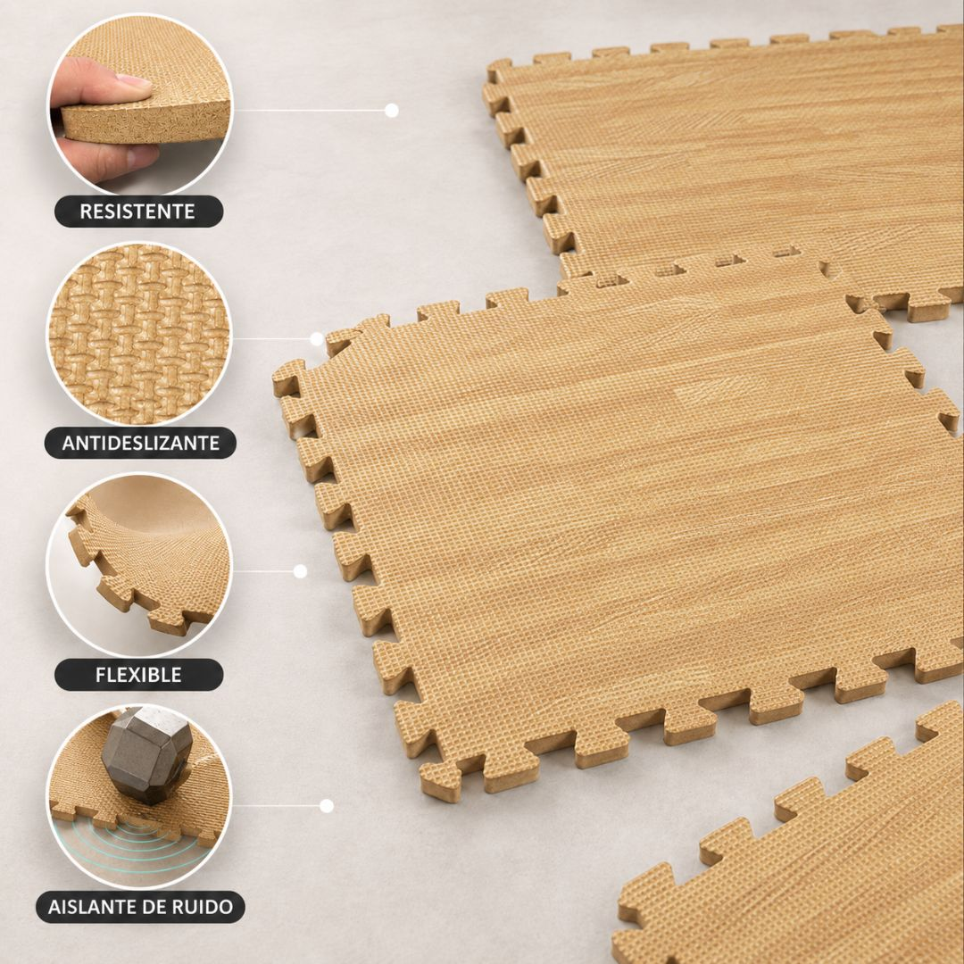 Tapetes de espuma entrelazados con textura de madera en marrón claro.