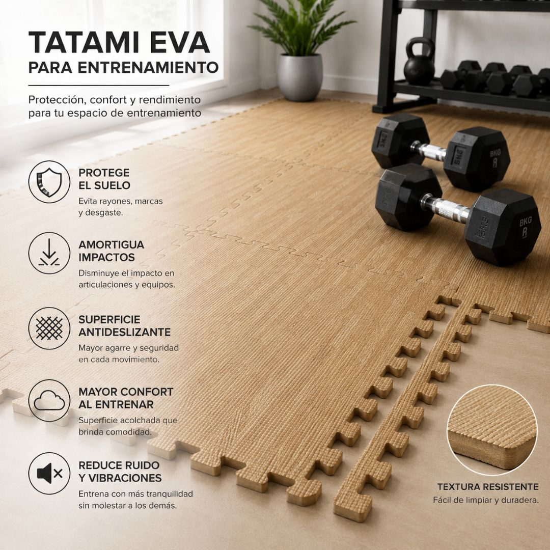 Esterillas tatami marrones con mancuernas y pesa rusa en gimnasio.