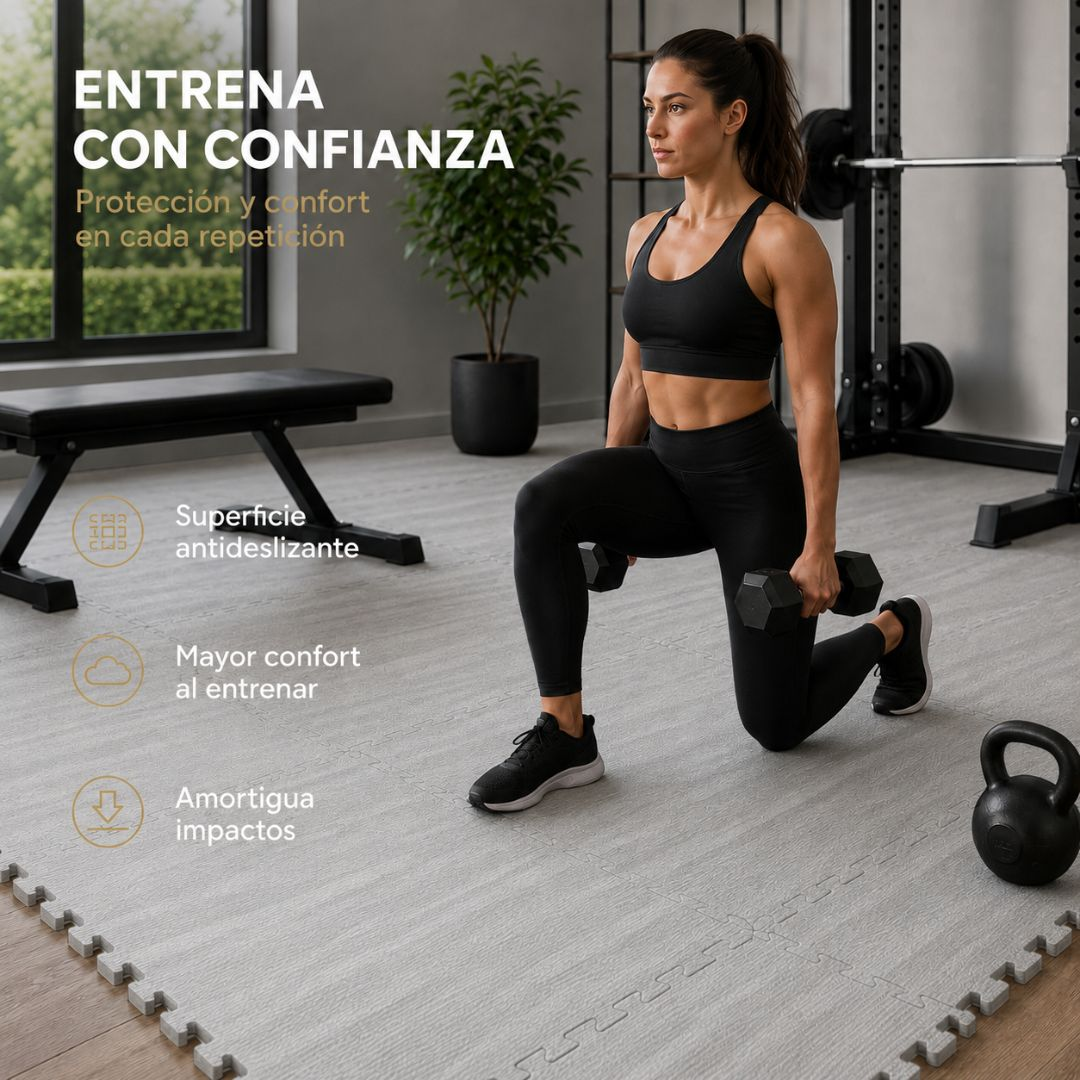 Mujer hace zancadas con mancuernas en un gimnasio con pesas y banco.