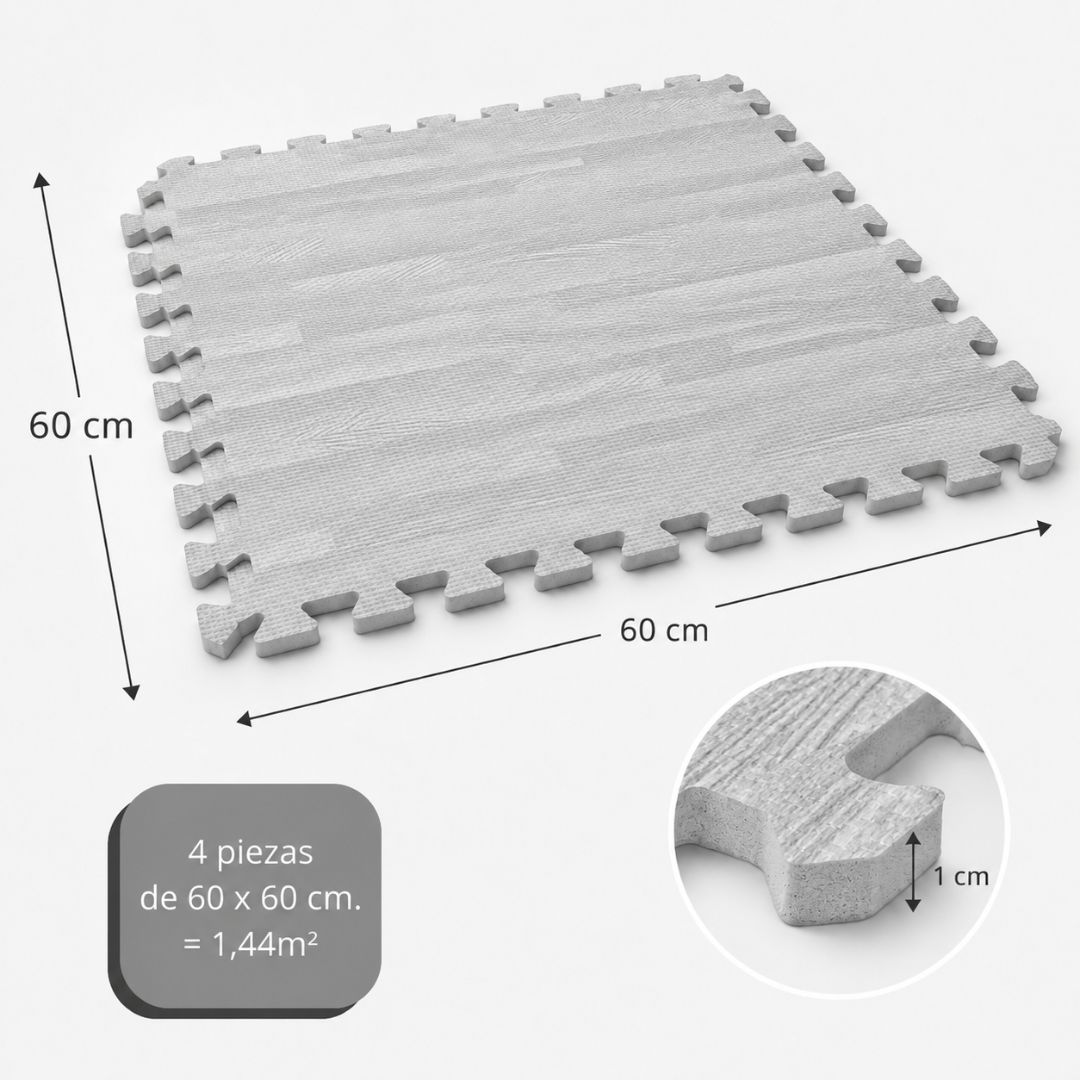 Alfombra de rompecabezas gris con veta de madera, 60x60 cm, 1 cm.