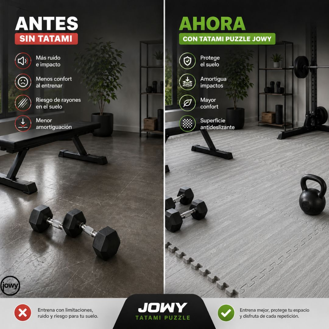 Comparación antes/después de un gimnasio: Izquierda sin alfombra de suelo, derecha con. Mancuernas y pesa rusa.