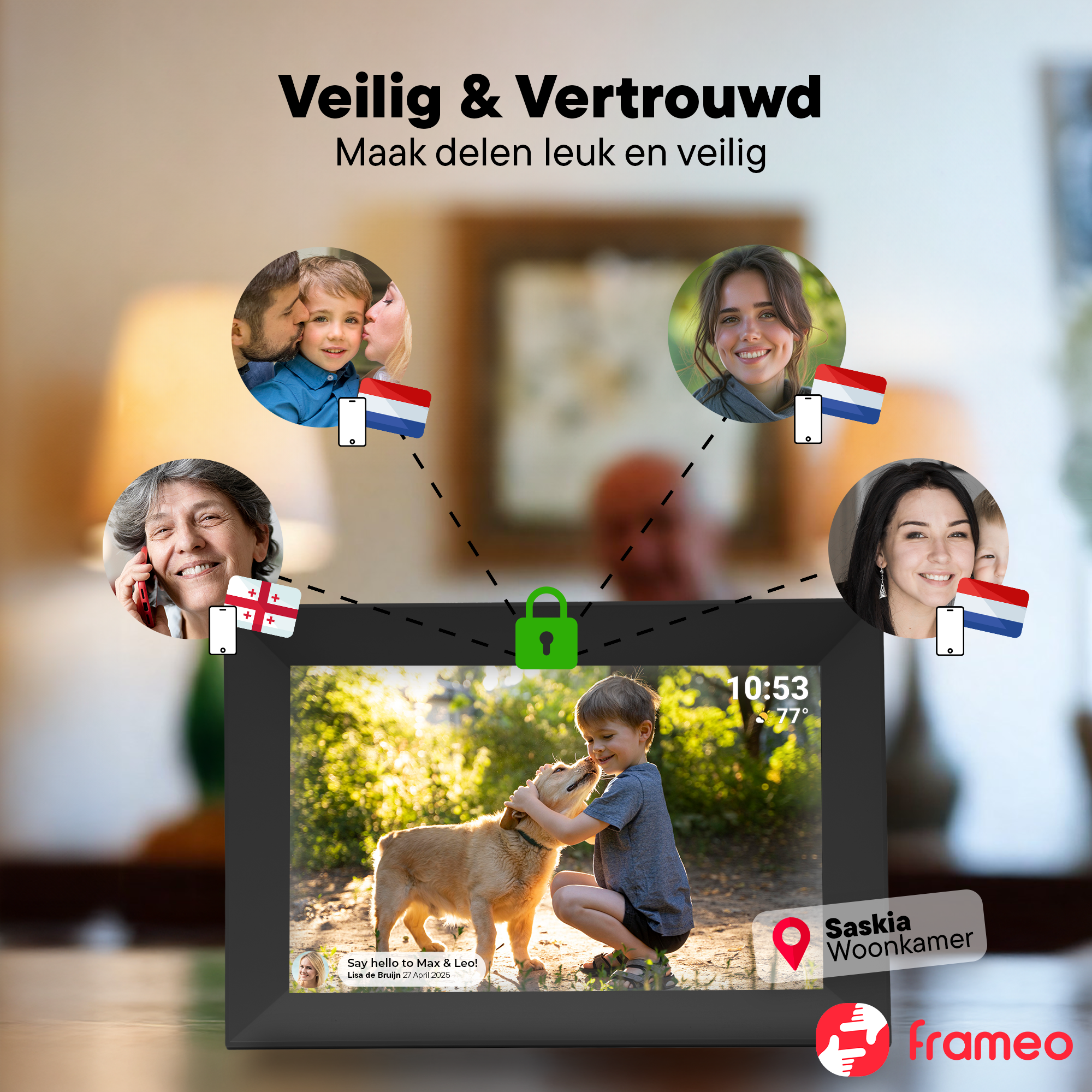 Digitale Fotorahmen zeigt ein Kind mit Hund, Wetter und Uhrzeit.