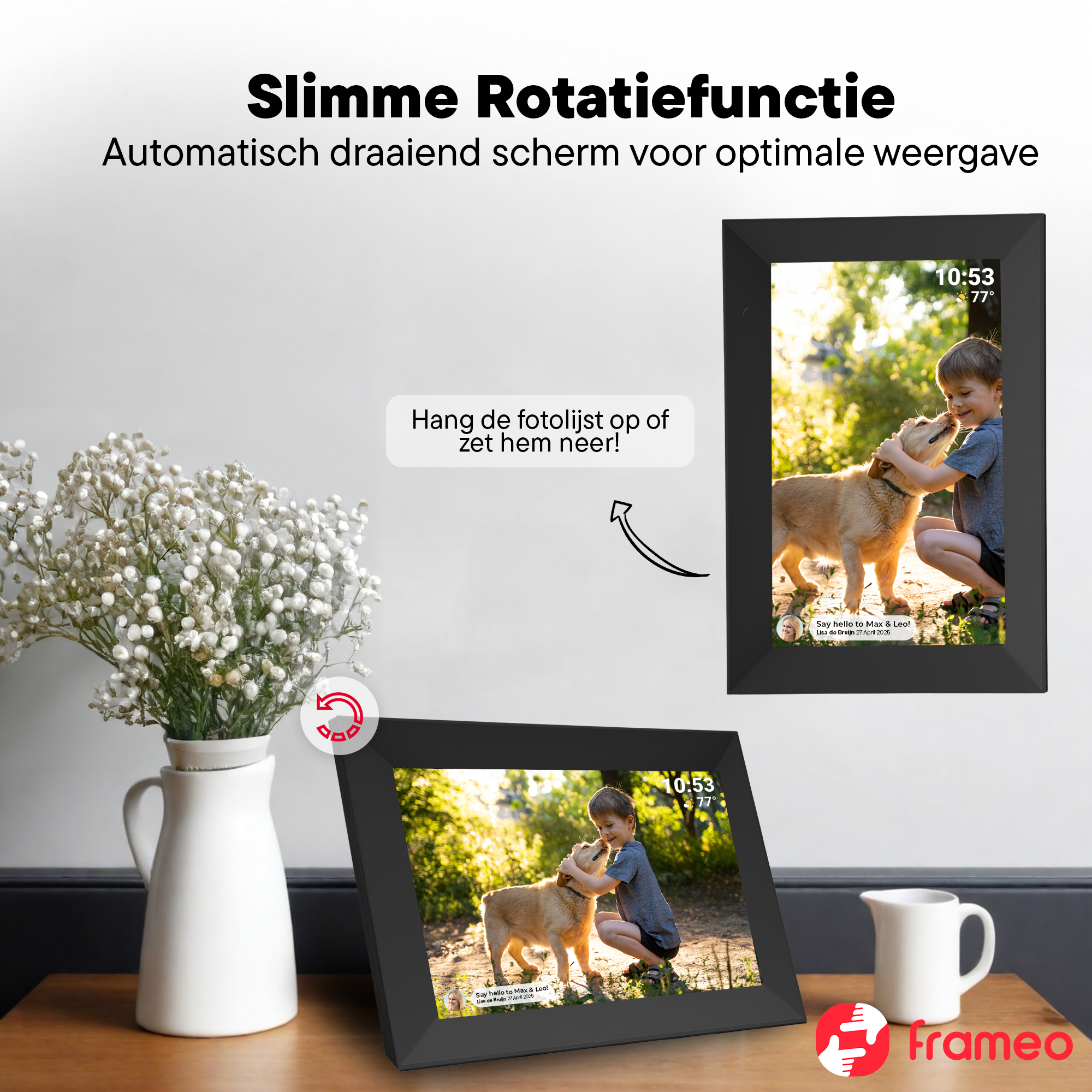 Ein Junge streichelt einen Hund vor sonnenbeschienenem Hintergrund. Digitale Fotorahmen.
