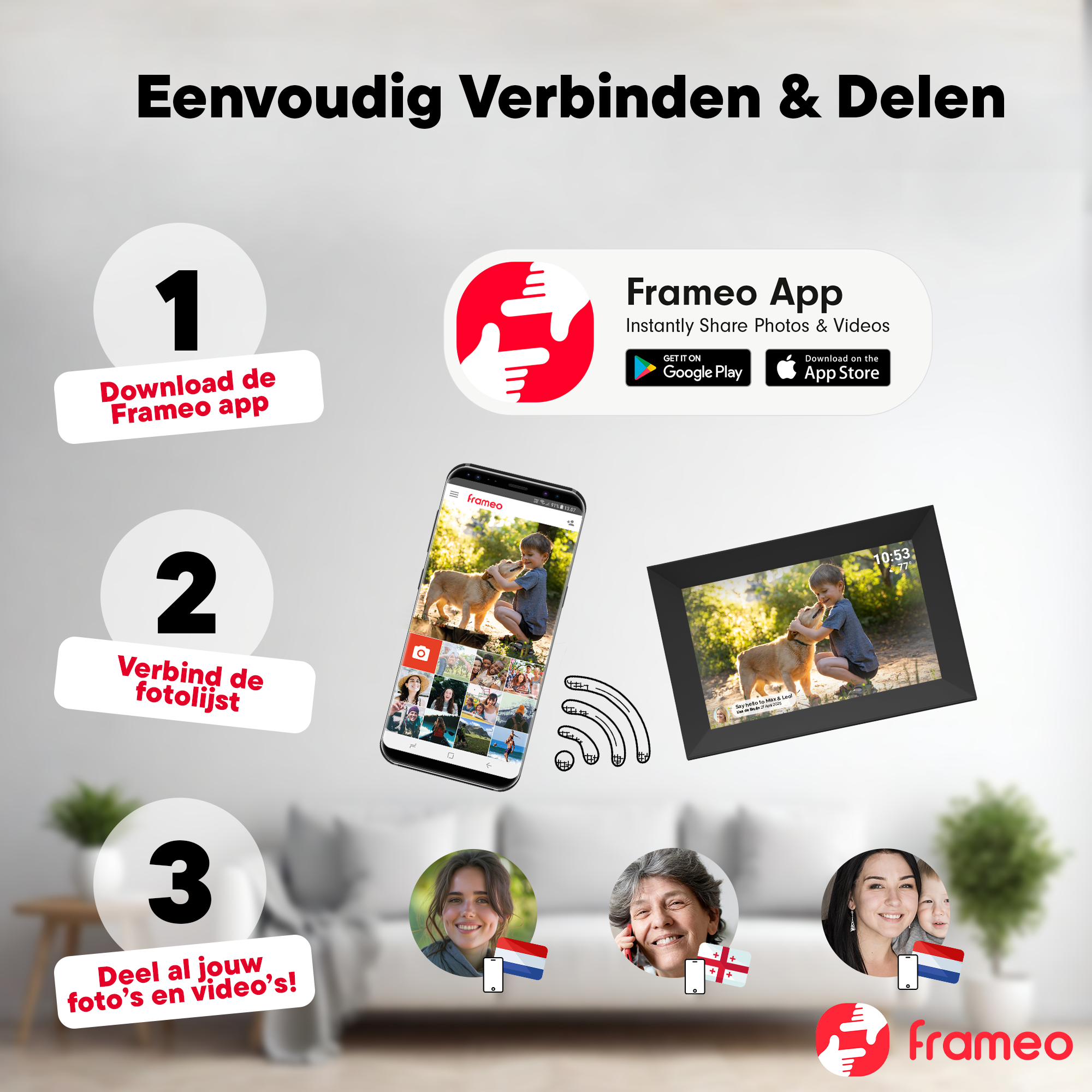 Anleitung zur Frameo App: App herunterladen, Fotorahmen verbinden, Fotos teilen.