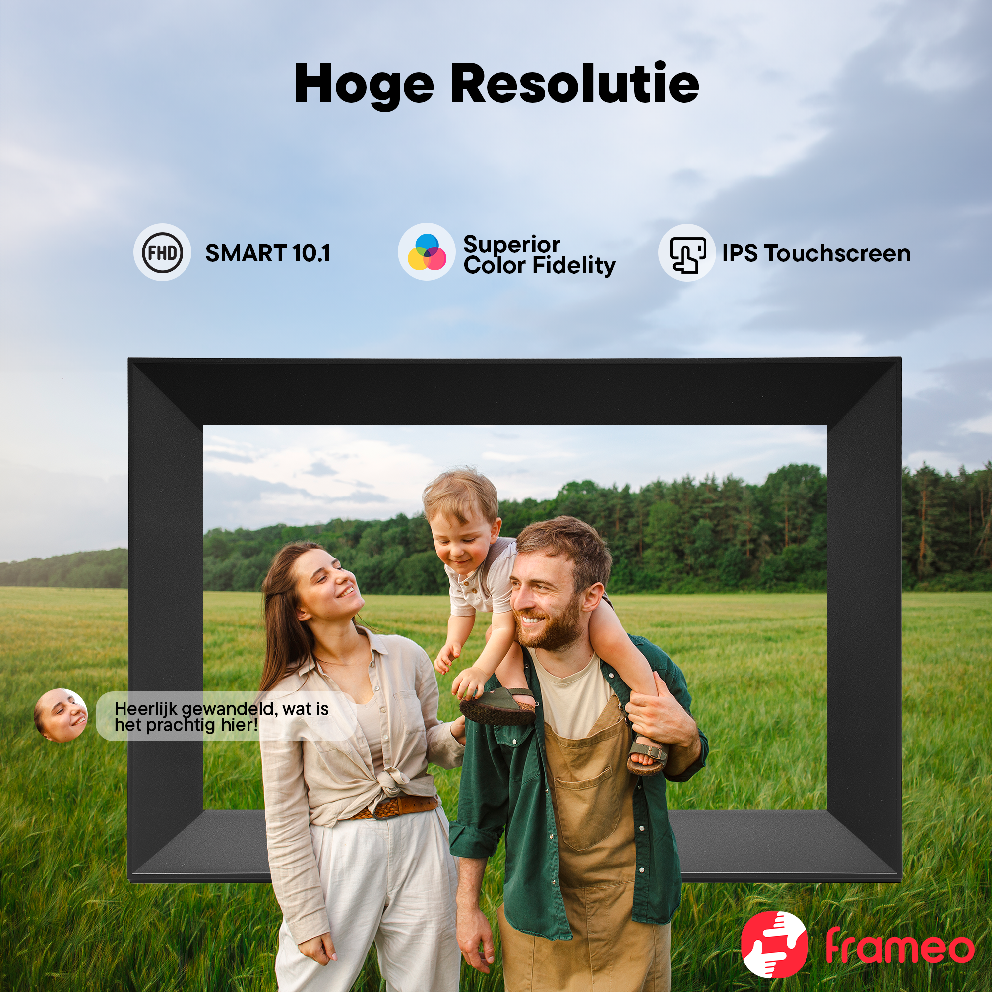 Family in field with digital photo frame. High resolution, Smart 10.1, superior color fidelity, IPS touchscreen.