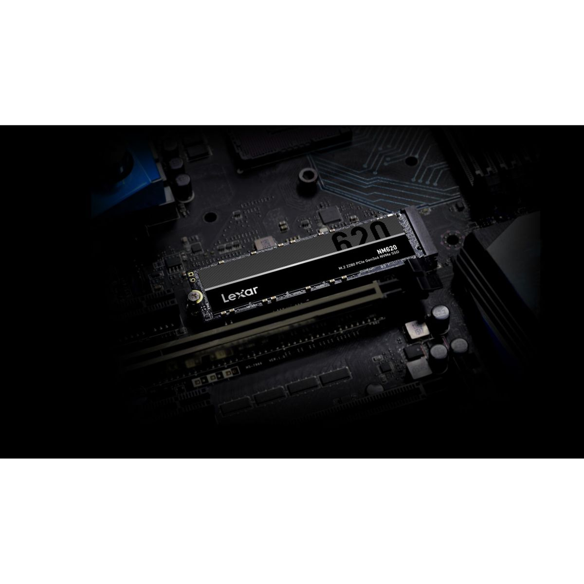 Lexar NM620 M.2 2280 PCIe Gen4x4 NVMe SSD on a motherboard.