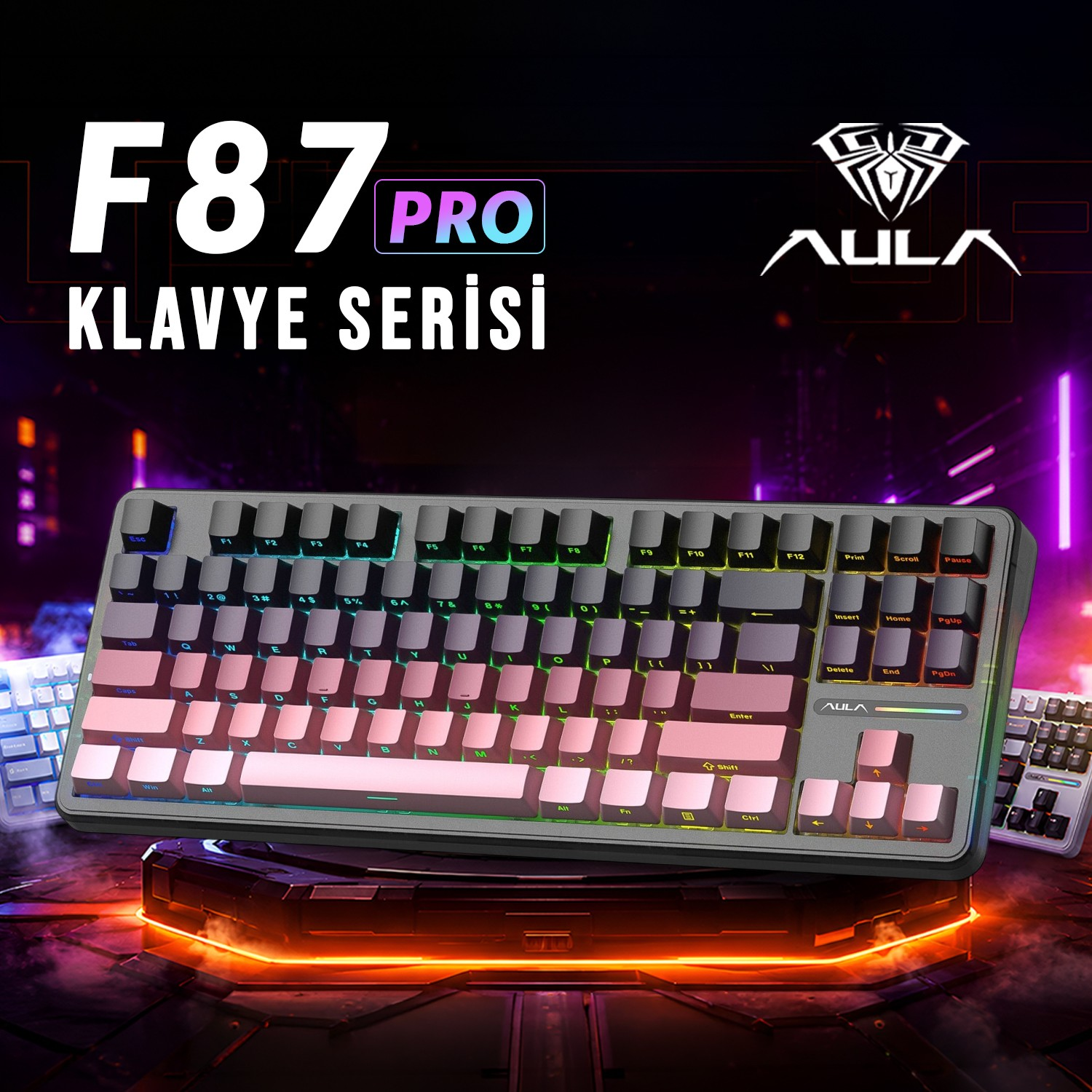 AULA F87 Pro klavye, pembe ve gri tuşlar, koyu arka planda RGB aydınlatma.