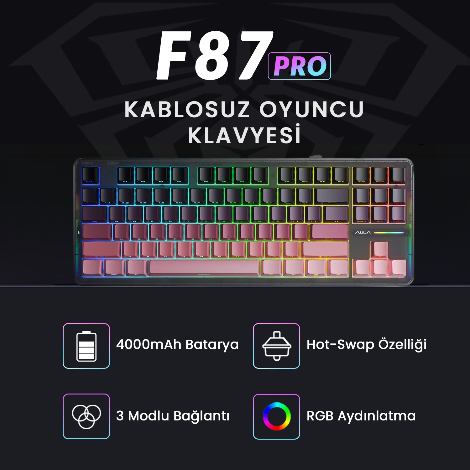 F87 PRO klavye RGB, 4000mAh batarya, Hot-Swap, 3 mod ile.