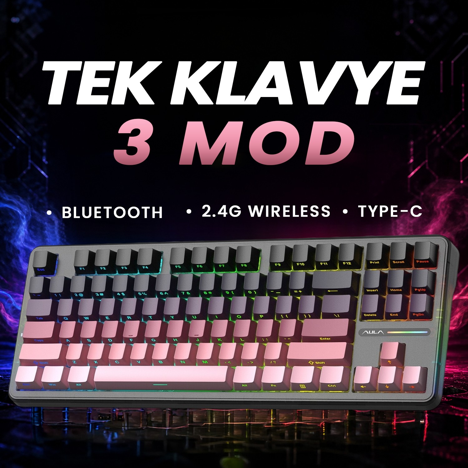 RGB aydınlatmalı Tek Klavye 3 Mod klavye. Bluetooth, 2.4G kablosuz, Type-C özellikli.