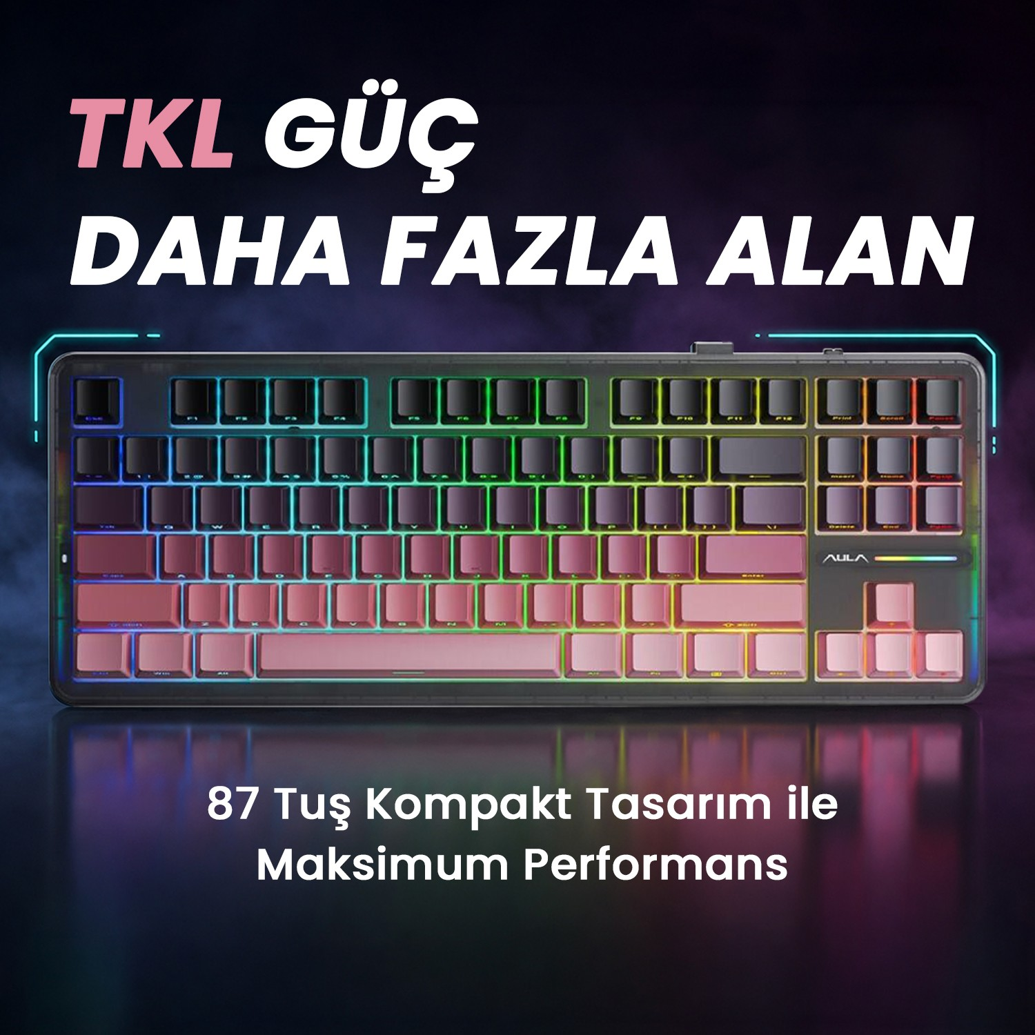 Pembe ve RGB aydınlatmalı tuşlara sahip kompakt TKL oyuncu klavyesi.