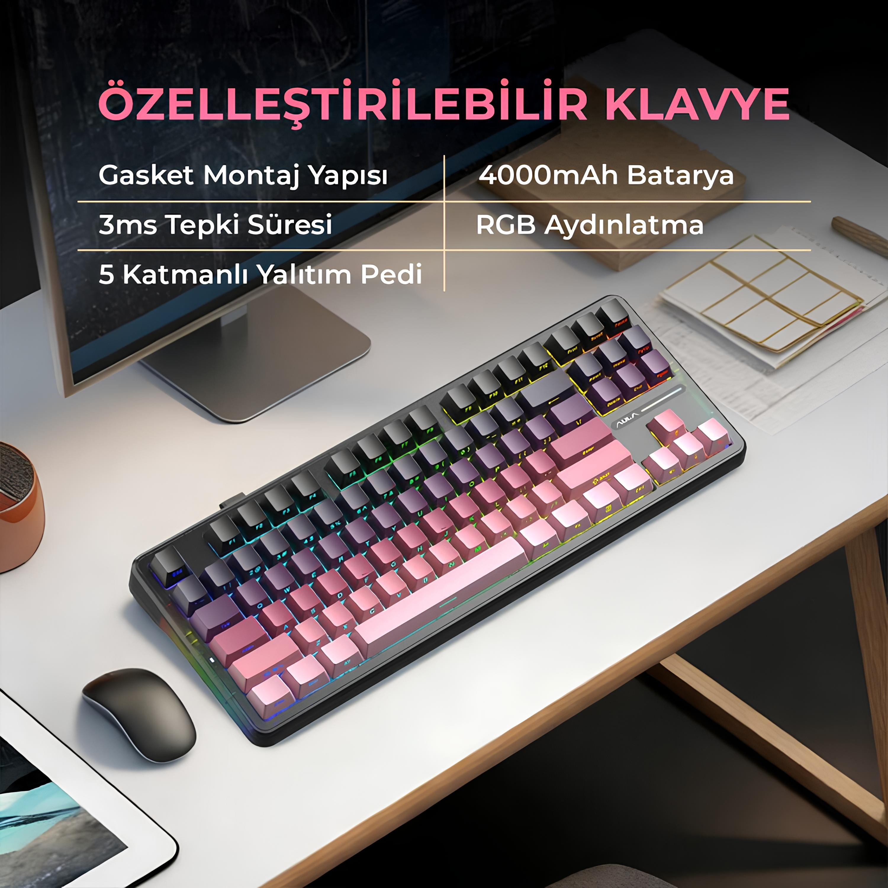 Pembe ve gri tuşlu, RGB aydınlatmalı mekanik klavye, masa üzerinde.