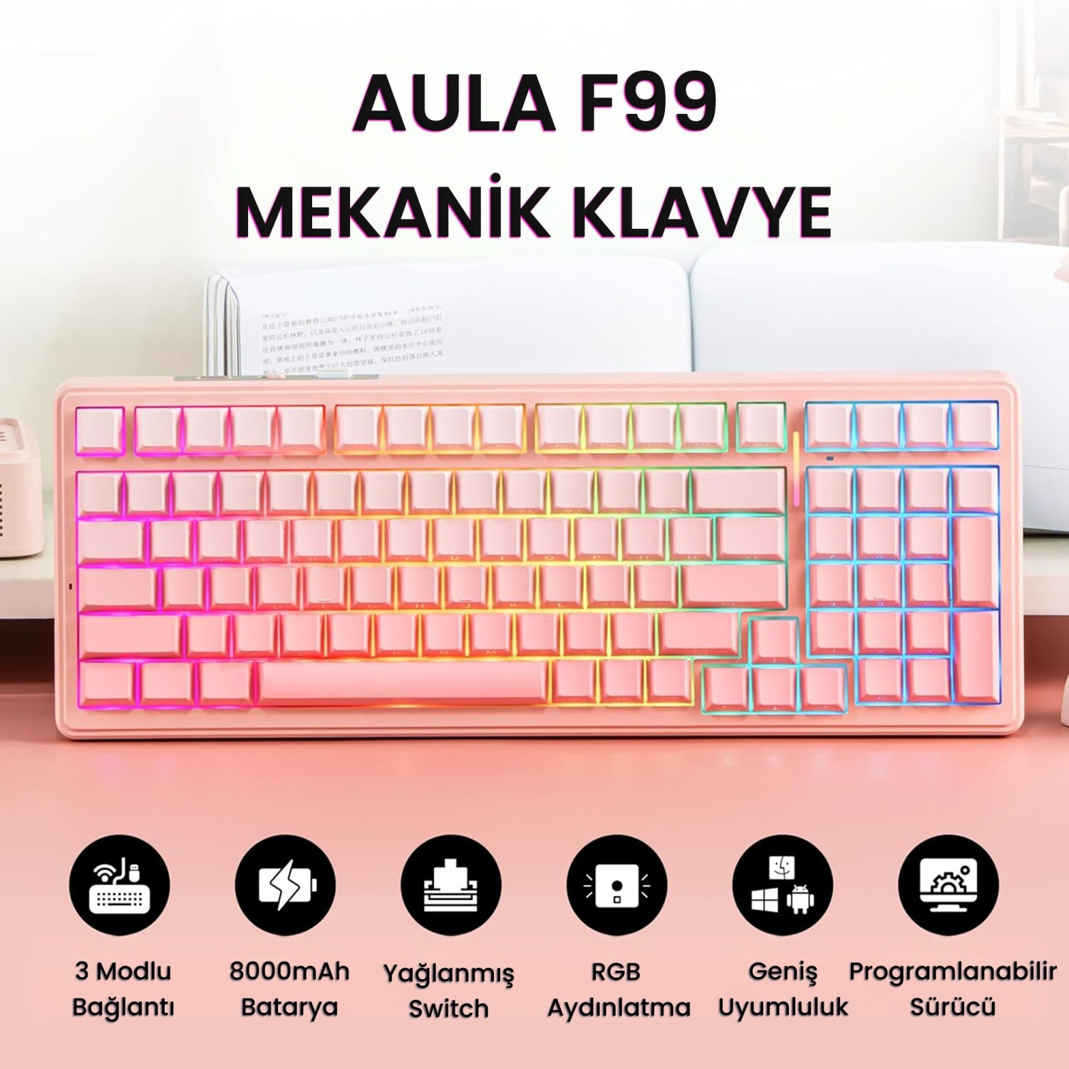 RGB aydınlatmalı pembe AULA F99 mekanik klavye ve özellik simgeleri.