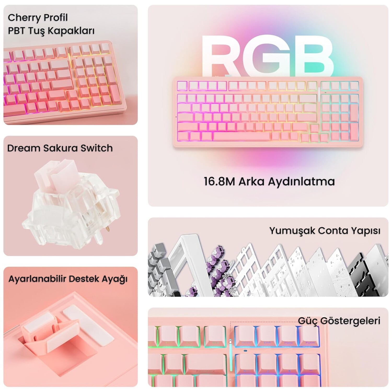 RGB aydınlatmalı, mekanik anahtarlı ve ayarlanabilir ayaklı pembe klavye.